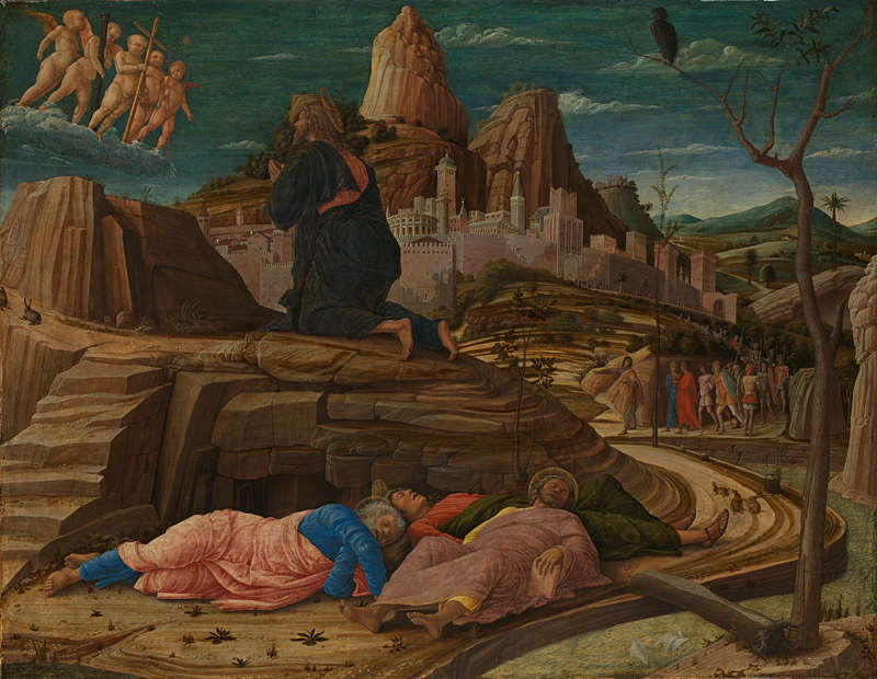 Andrea Mantegna, Oration in the Garden (1455-1456; tempera on panel, 62.9 x 80 cm; London, National Gallery)