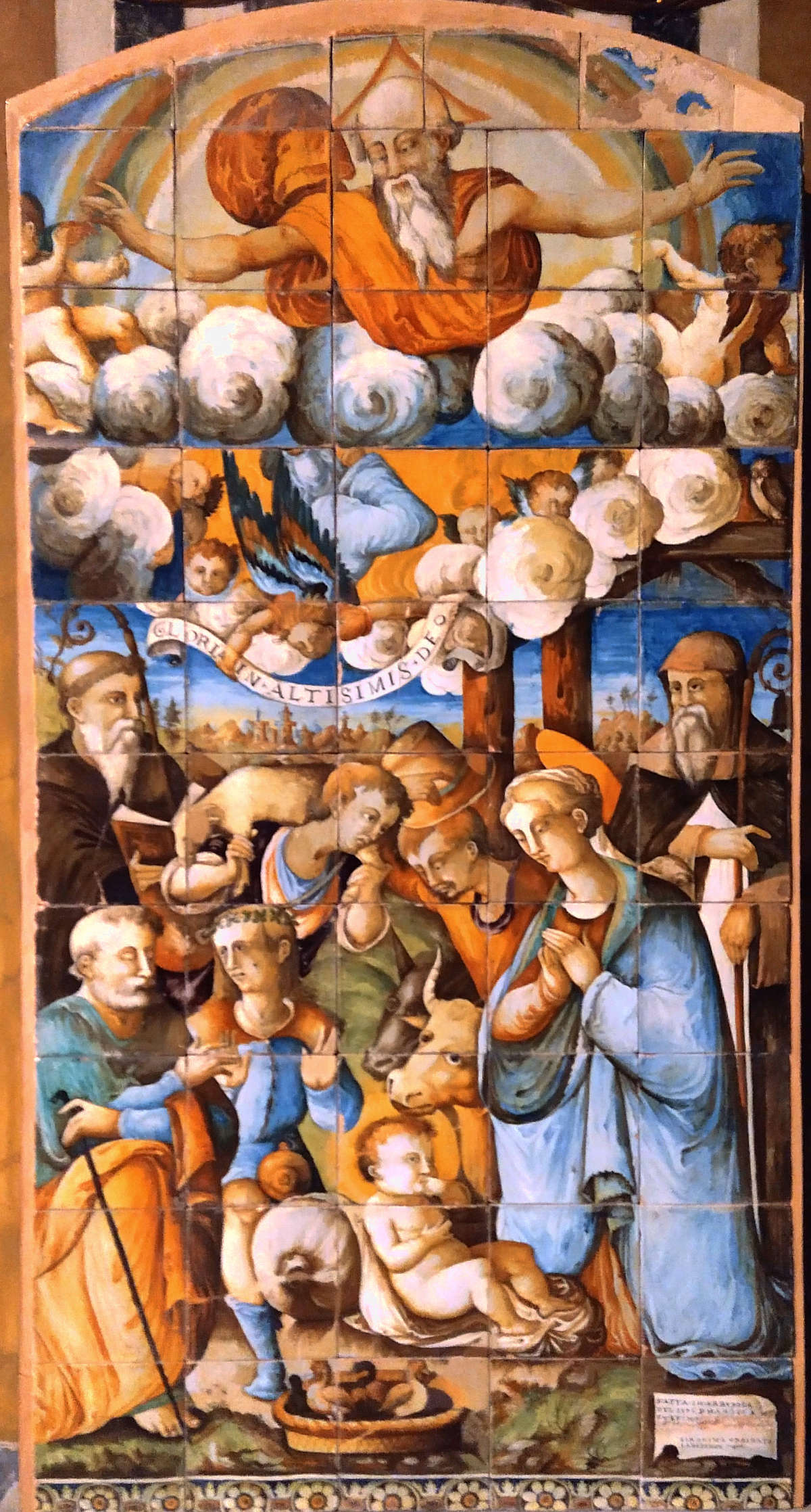 Agostino da Albissola and Gerolamo Urbinate, Adoration of the Shepherds (1576; majolica; Albissola Marina, Nostra Signora della Concordia)
