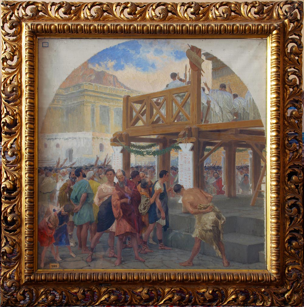 Cesare Maccari, “La pubblicazione della legge delle Dodici Tavole”, Senato Consulto, Bozzetto preparatorio per l’aula della Corte di Cassazione (8 aprile 1900 - 1 agosto 1903; Olio su tela, 75 x 75 cm; Roma, Palazzo di Giustizia, Commissione per la Manutenzione e Conservazione del Palazzo di Giustizia, Ministero della Giustizia, presso la Suprema Corte di Cassazione di Roma, Inv n. 2417)
