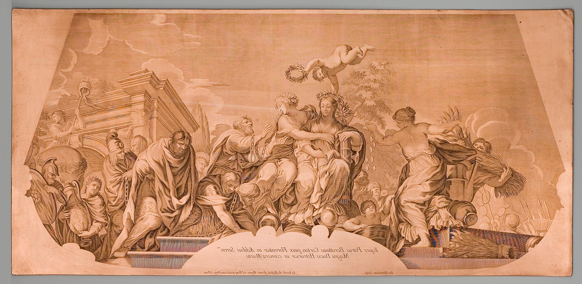 Jacques Blondeau, da Pietro da Corton, Allegoria della Pace e della Giustizia (1677 post - 1689 ante; matrice in rame incisa a bulino, 38,8 x 82,2 cm; Roma, Istituto Centrale per la Grafica, Calcoteca, Fondo de Rossi, Inv. M-114/_9)