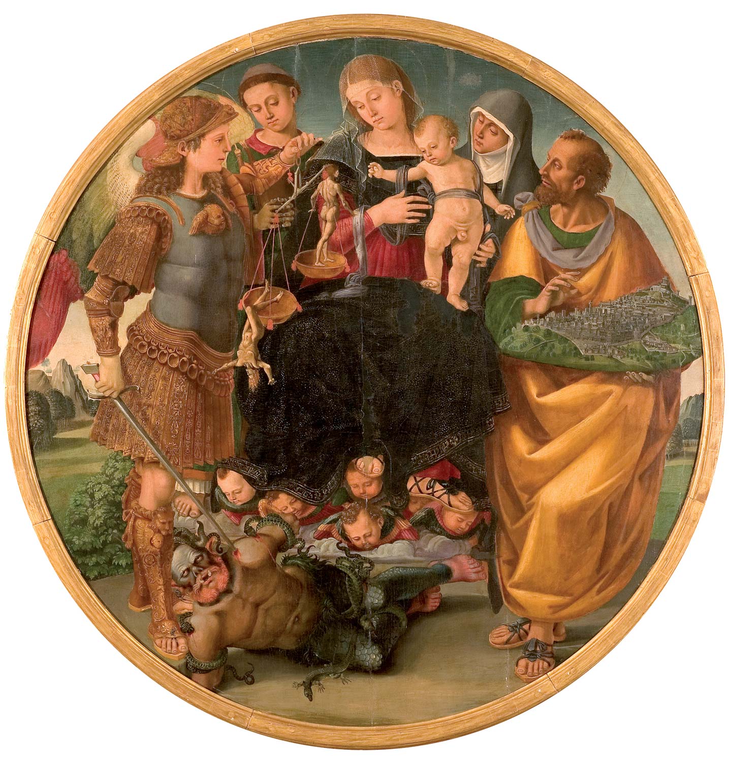 Luca Signorelli, Vergine con il Bambino, circondata da Santi (Tondo Signorelli) (1510/1515; tempera su tavola; Cortona, MAEC - Museo dell'Accademia Etrusca e della città di Cortona)