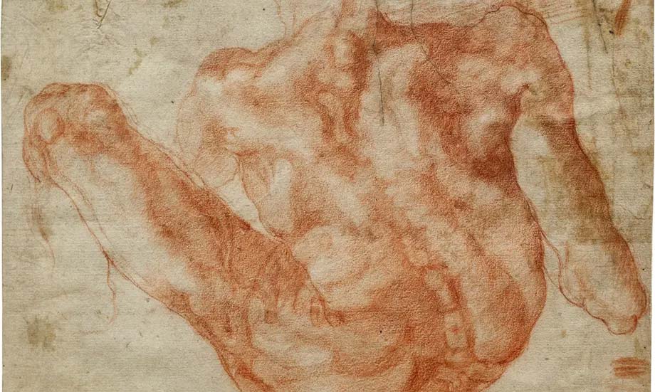 Michel-Ange (attribué), Nu masculin de dos (1512 ; sanguine sur papier, 157 x 193 mm ; Collection privée)