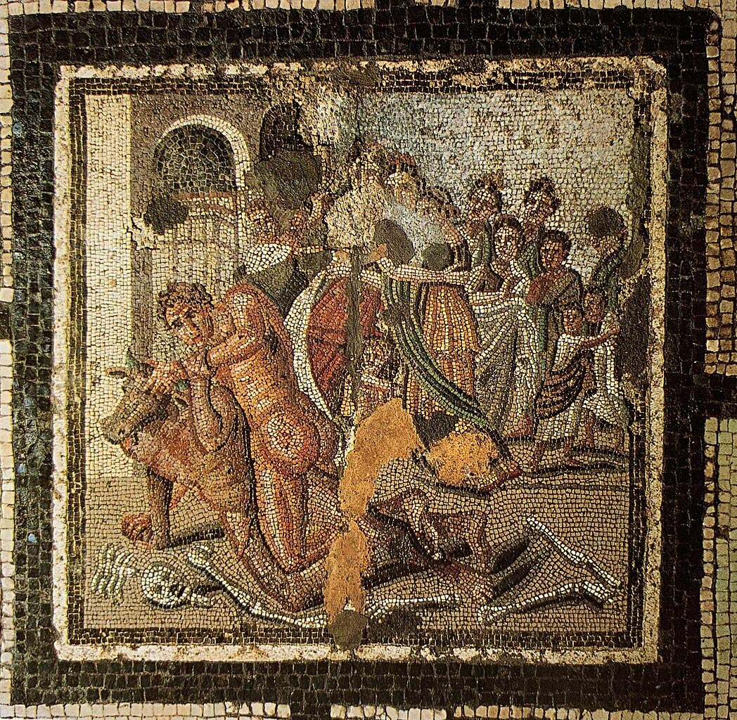 The central scene of the mosaic with the fight between Theseus and the Minotaur