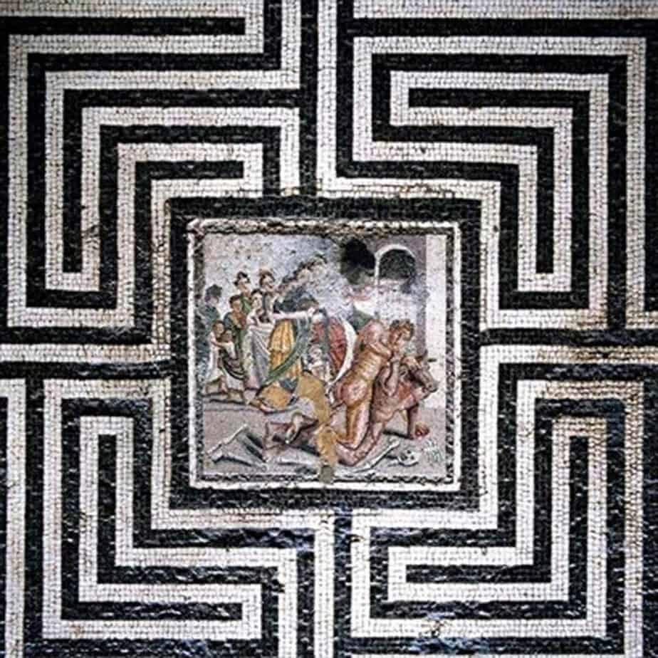 The central scene of the mosaic with the fight between Theseus and the Minotaur