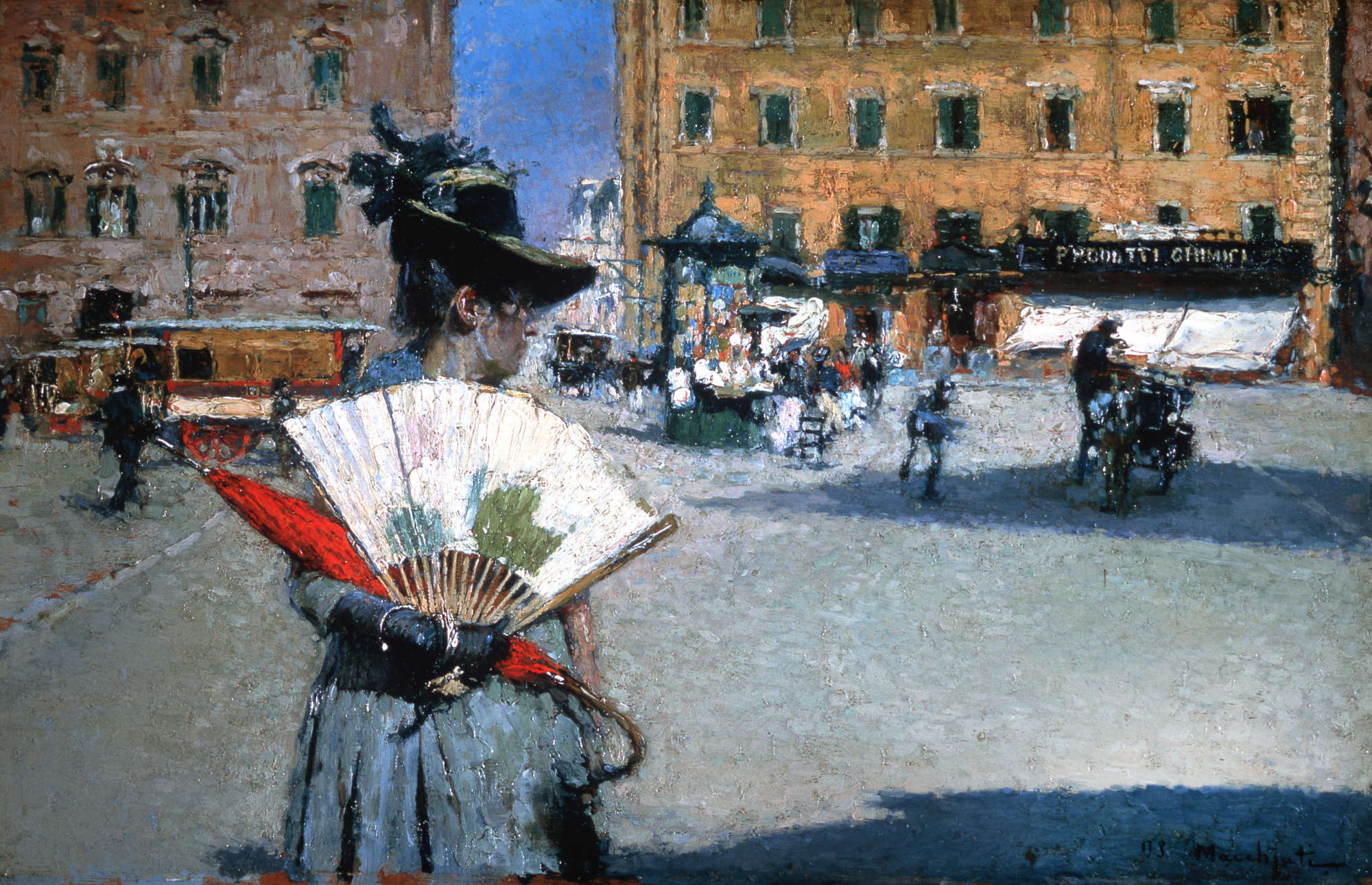 Serafino Macchiati, Dame à l'éventail sur la place (1890 ; huile sur panneau, 15,5 x 24,2 cm ; Correggio, Archives Andrea Baboni)