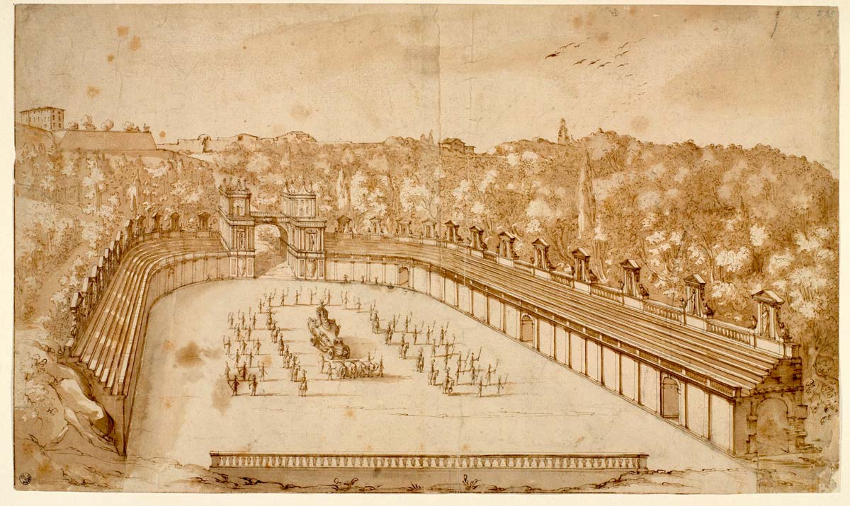 Stefano della Bella, Veduta dell'anfiteatro di Boboli (disegno, penna e bistro su carta bianca; Firenze, Gabinetto Disegni e Stampe degli Uffizi)
