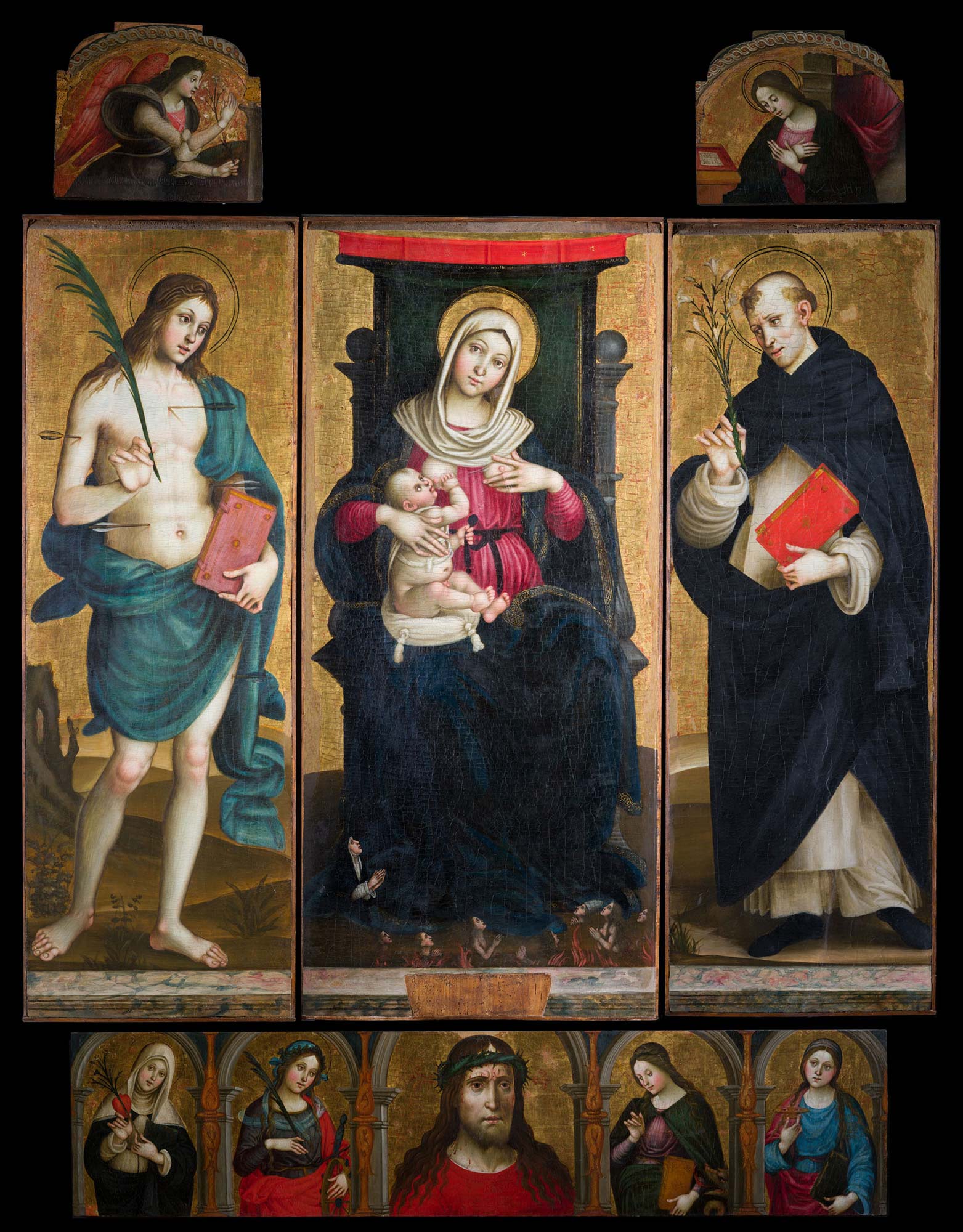 Stefano Sparano, Madonna delle Grazie e donatrice domenicana, San Sebastiano, San Domenico; cimase: Angelo annunciante, Vergine annunciata: predella: Ecce Homo e le Sante Caterina da Siena, Caterina d’Alessandria, Margherita e Lucia (1507-1508; olio su tavola; Napoli, Museo e Real Bosco di Capodimonte)
 Stefano Sparano, Madonna delle Grazie e donatrice domenicana, San Sebastiano, San Domenico; cimase: Angelo annunciante, Vergine annunciata: predella: Ecce Homo e le Sante Caterina da Siena, Caterina d’Alessandria, Margherita e Lucia (1507-1508; olio su tavola; Napoli, Museo e Real Bosco di Capodimonte)