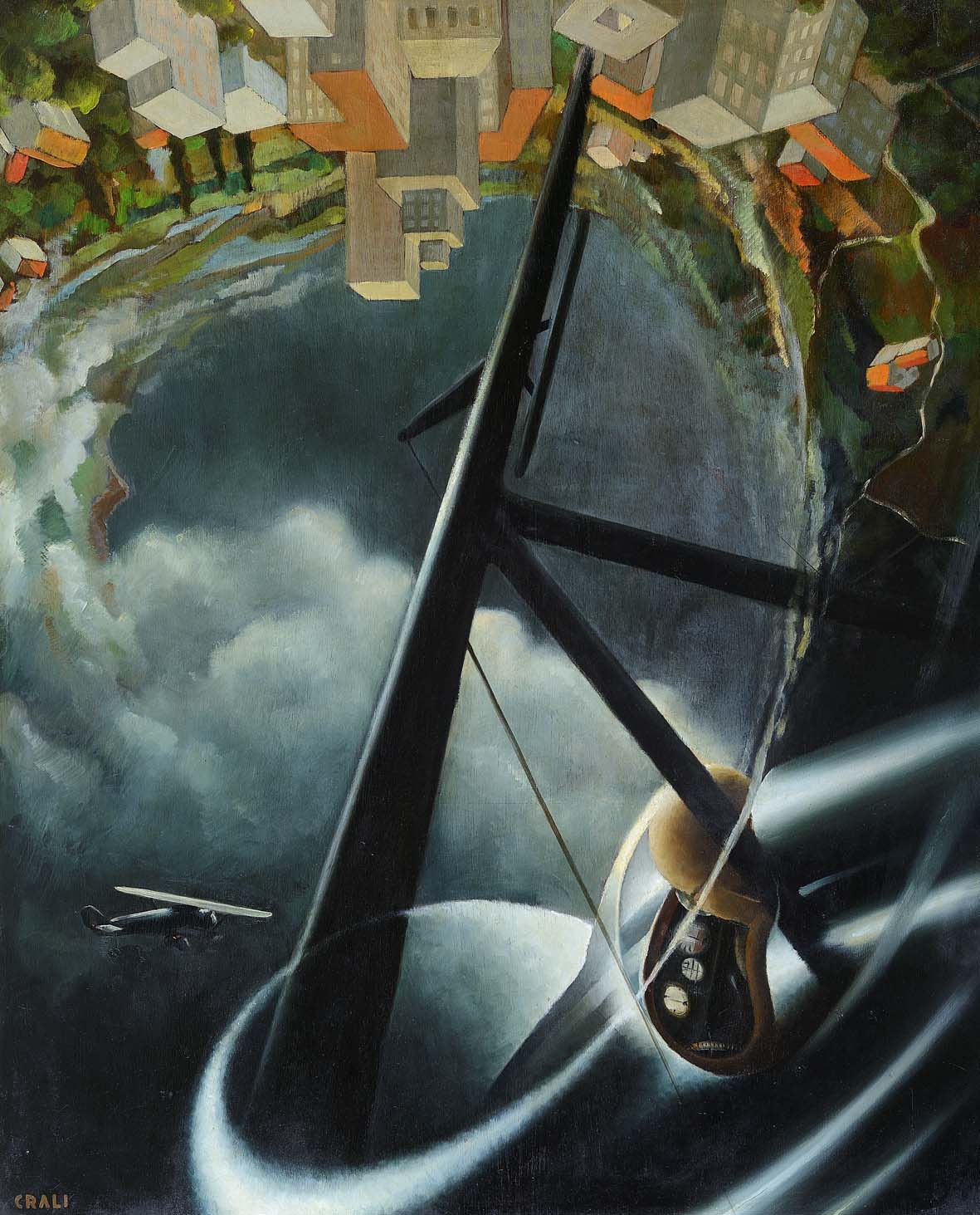 Tullio Crali, Aerocaccia I (Duello di caccia) (1936; olio su tavola, 80 x 100 cm)