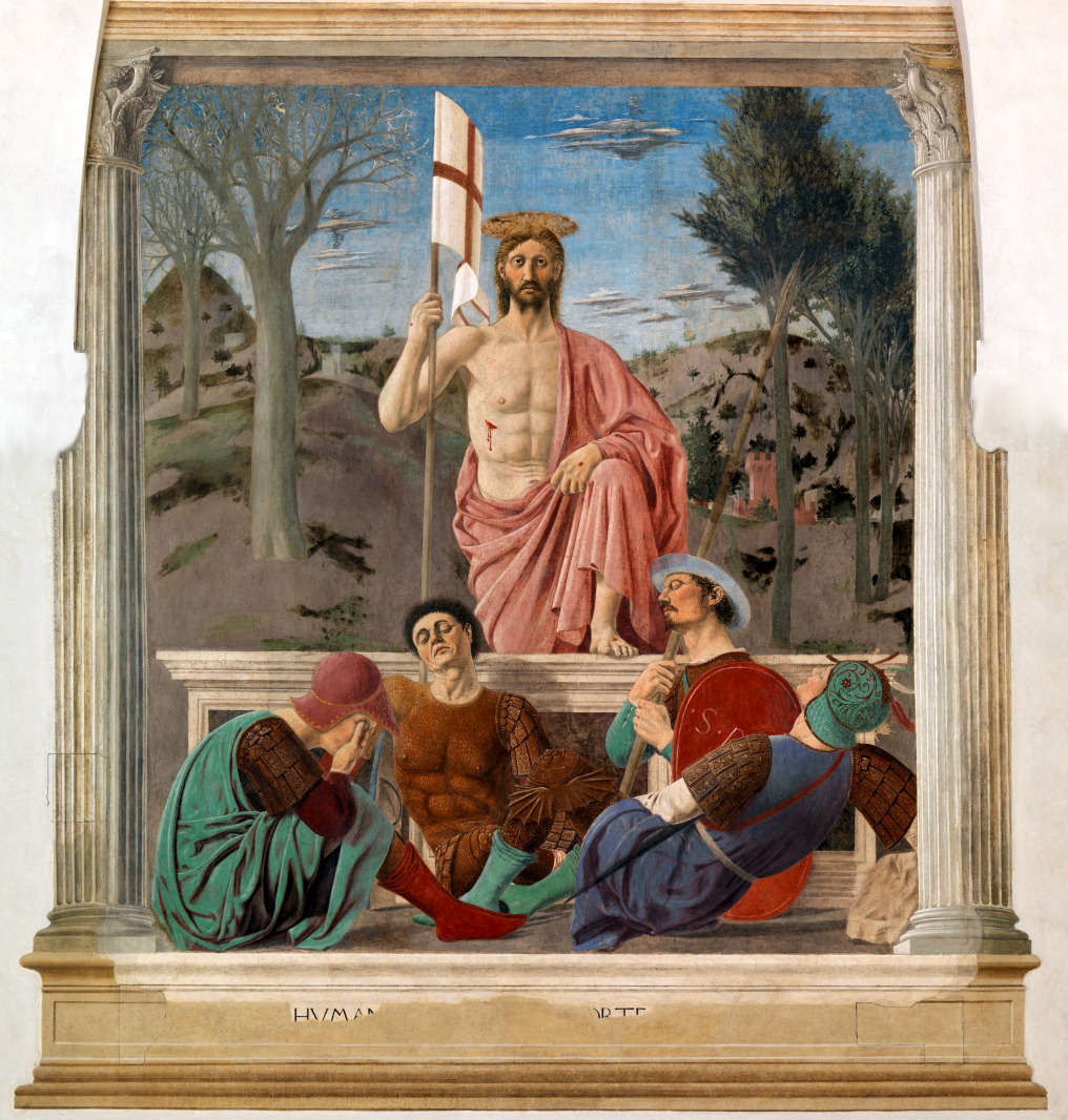 Piero della Francesca, Résurrection (vers 1458-1474 ; peinture mixte, fresque et tempera, 225 × 200 cm ; Sansepolcro, Museo Civico)