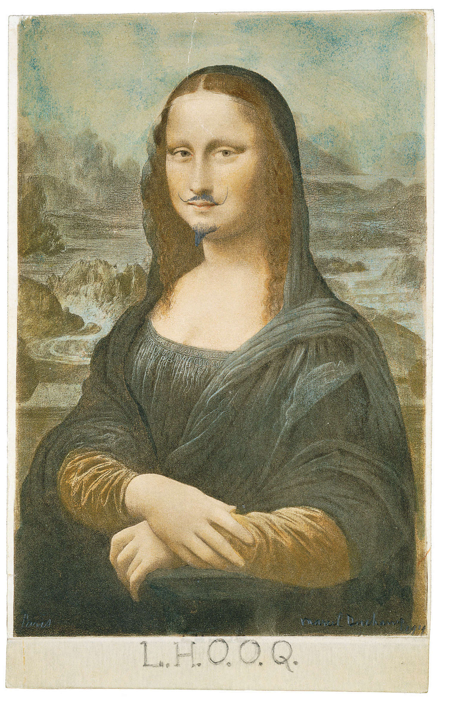 Marcel Duchamp, L.H.O.O.Q. (1919; intervention on photographic reproduction, 19.7 x 12.4 cm; New York, Private Collection)