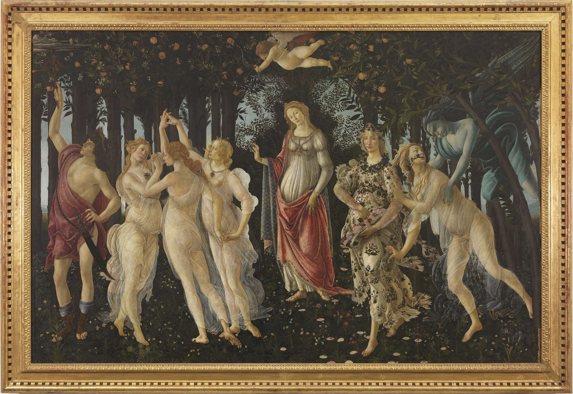 Sandro Botticelli, Primavera (c. 1480; tempera grassa on panel, 207 x 319 cm; Florence, Gallerie degli Uffizi, inv. 1890 no. 8360)