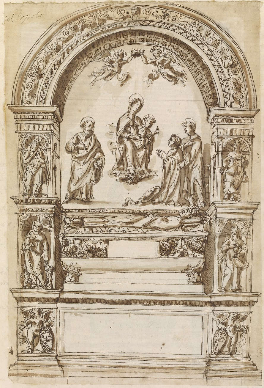 Dessin du XVIIe siècle représentant le tombeau de Lorenzo Cybo avant son démantèlement