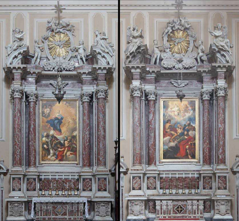 Photomontages représentant les deux toiles de Garzi dans la cathédrale de Massa à leur emplacement d'origine sur les autels du transept.