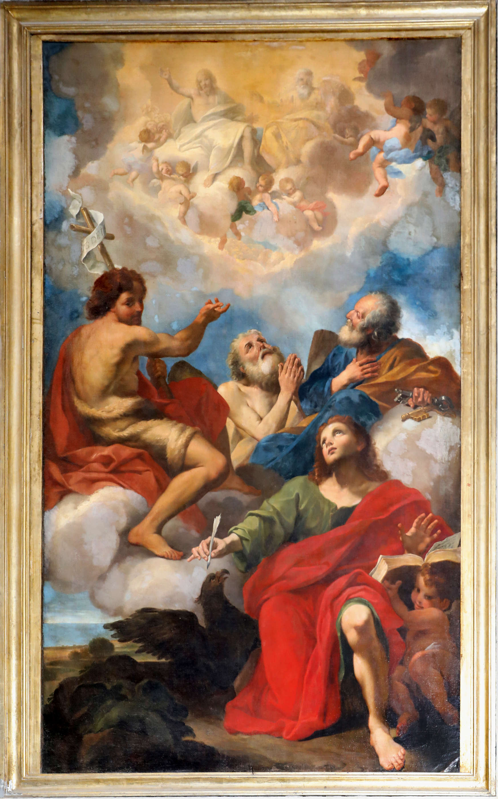 Luigi Garzi, La Trinité adorée par les saints Jean-Baptiste, Jean l'Évangéliste, Pierre et André (1684 ; huile sur toile, 330 x 210 cm ; Massa, Duomo). Photo : Francesco Bini