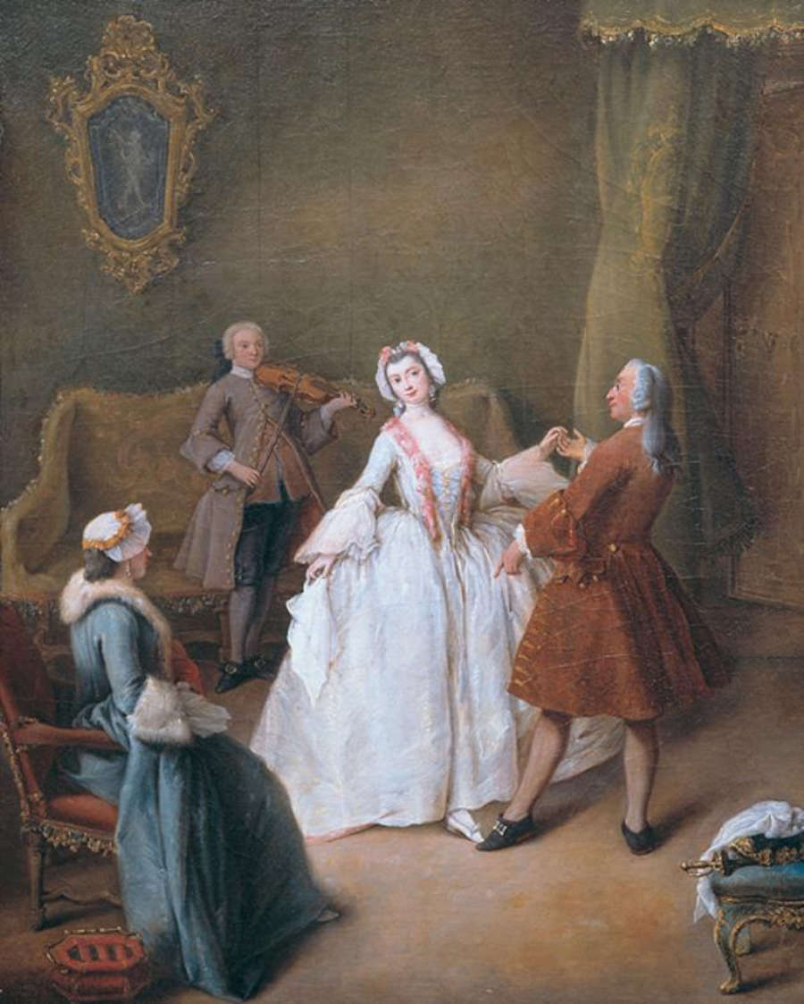 Pietro Longhi, The Dance Lesson (c. 1741; oil on canvas, 60 x 49 cm; Venice, Gallerie dell'Accademia, inv. 465)