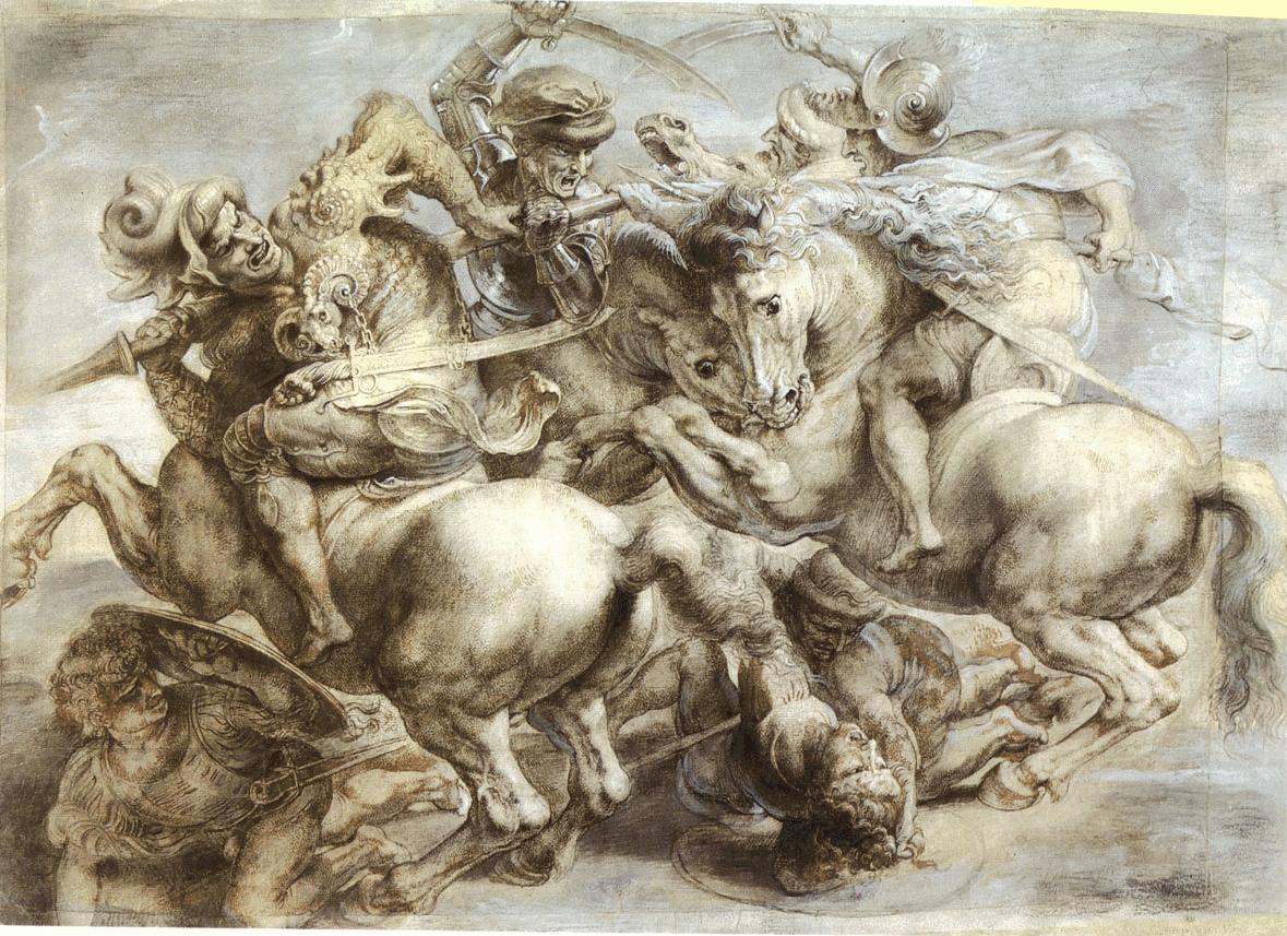 Anonyme du XVIe siècle et Pieter Paul Rubens, Copie de la bataille d'Anghiari de Léonard de Vinci (XVIe siècle avec retouches ultérieures de Rubens ; crayon noir, plume et encre brune et grise, crayon gris et pigments blanc et gris-bleu sur papier, à l'origine 428 x 577 mm puis agrandi à 453 x 636 mm ; Paris, Louvre, Département des arts graphiques)