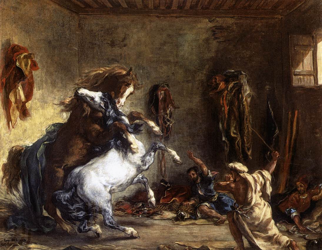Eugène Delacroix, Bagarre de chevaux dans une écurie (1860 ; huile sur toile, 64 x 81 cm ; Paris, Louvre)