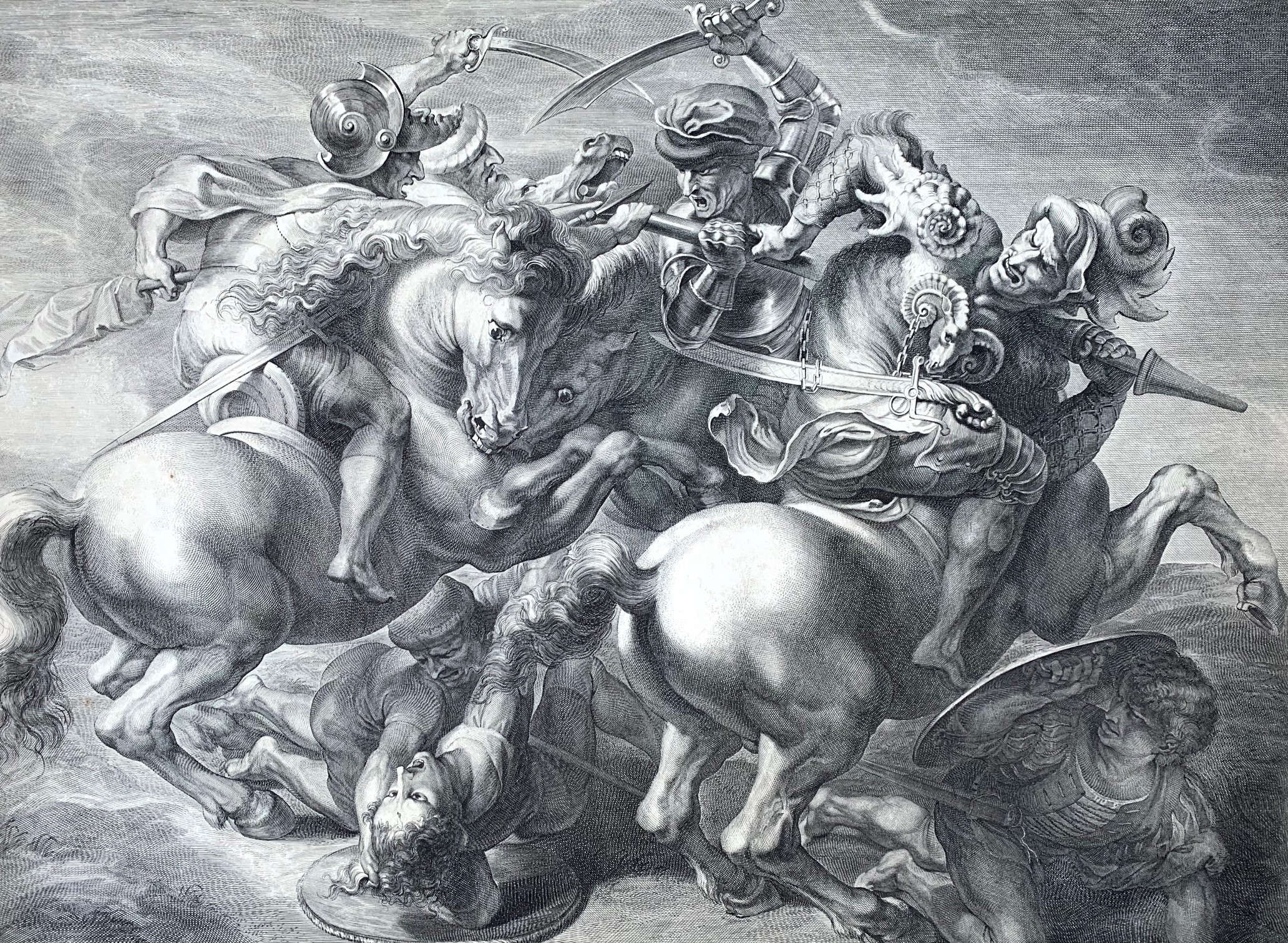Gérard Edelinck, Struggle of horsemen from Leonardo da Vinci's Battle of Anghiari (1657-1666; burin engraving, 606 x 450 mm; Anghiari, Museo della Battaglia e di Anghiari)