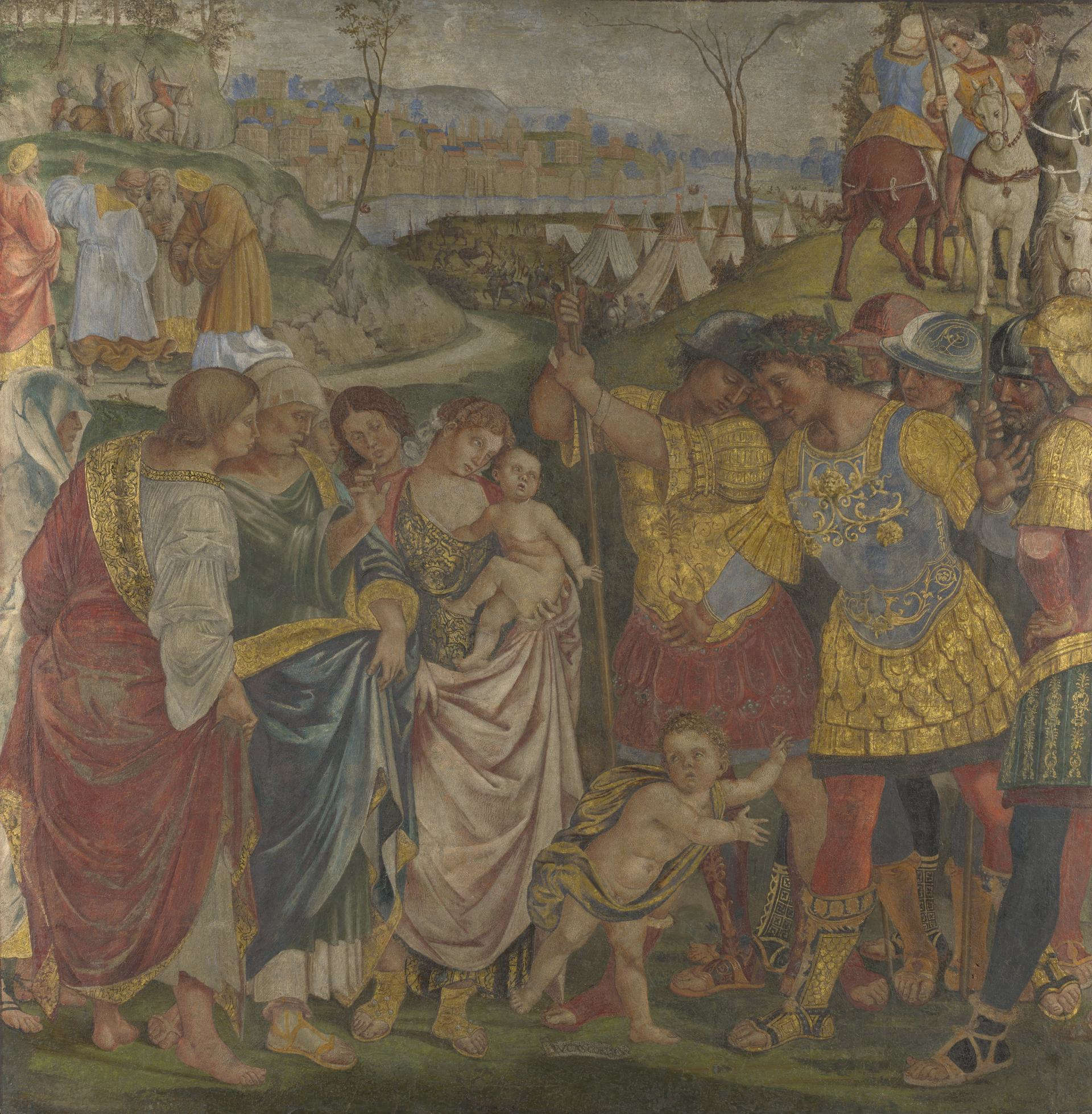 Luca Signorelli, Coriolan est persuadé par sa famille d'épargner Rome (vers 1509 ; fresque transférée sur toile, 125,7 x 125,7 cm ; Londres, National Gallery)