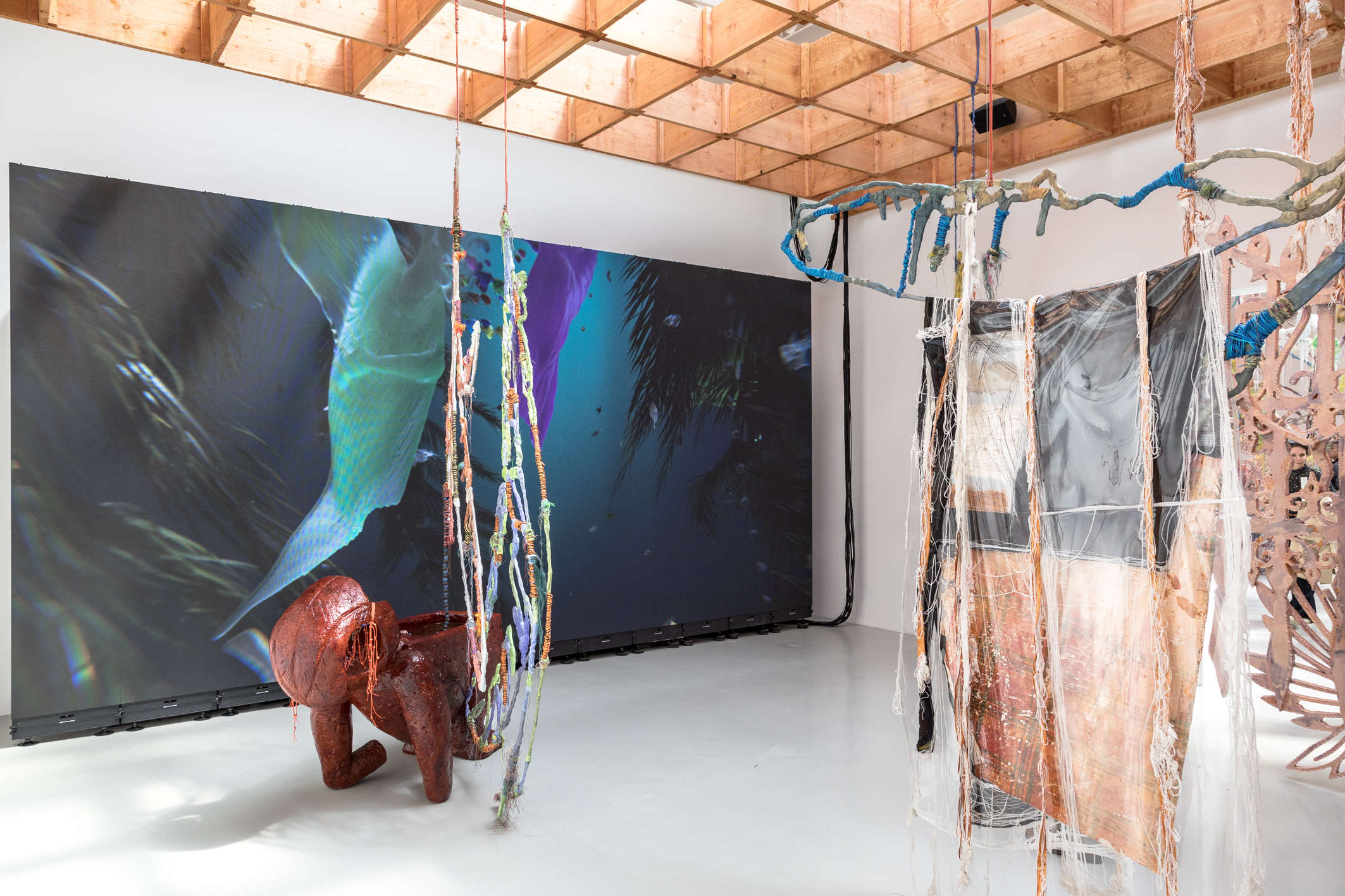 Julien Creuzet, Attila cataracte ta source aux pieds des pitons verts finira dans la grande mer gouffre bleu nous noyâmes dans les larmes marées de la lune (2024). Venice Biennale, 60th edition, Pavilion of France. Photo: Marco Zorzanello