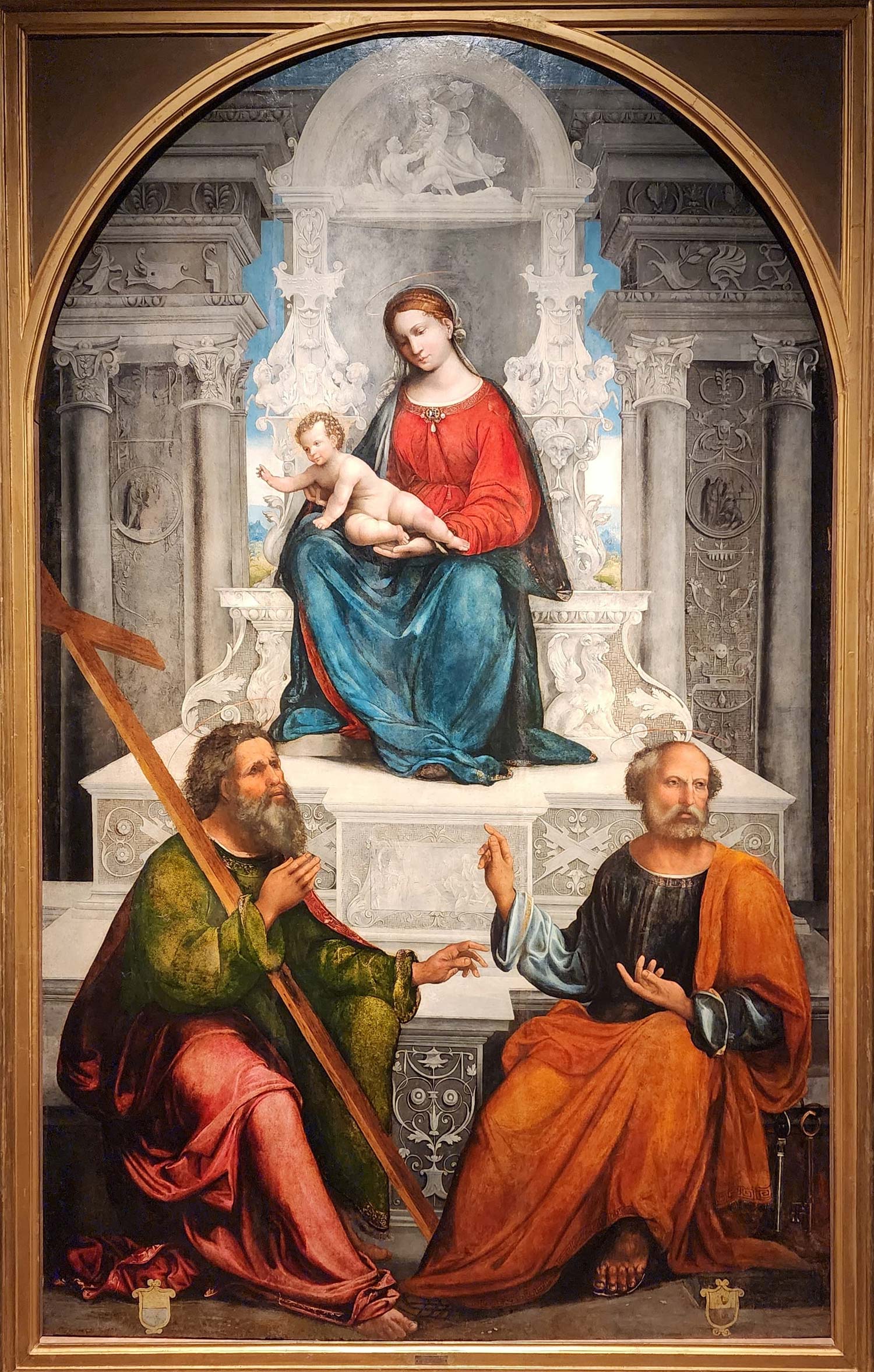 Ludovico Mazzolino, Madonna and Child Enthroned with Saints Andrew and Peter (c. 1524-28; oil on panel, 278 x 172 cm; Cremona, Pinacoteca Ala Ponzone, Museo Civico)