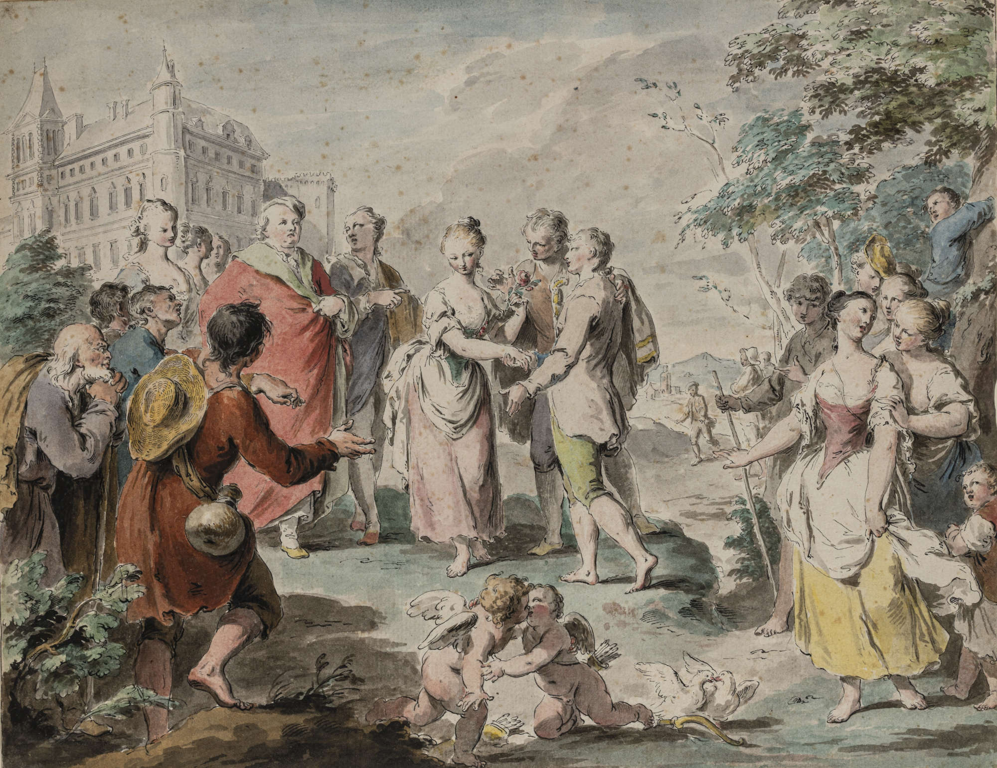 Pietro Antonio Novelli, The Marriage Contract (pencil, brown ink pen and colored watercolors, 280 x 361 mm)