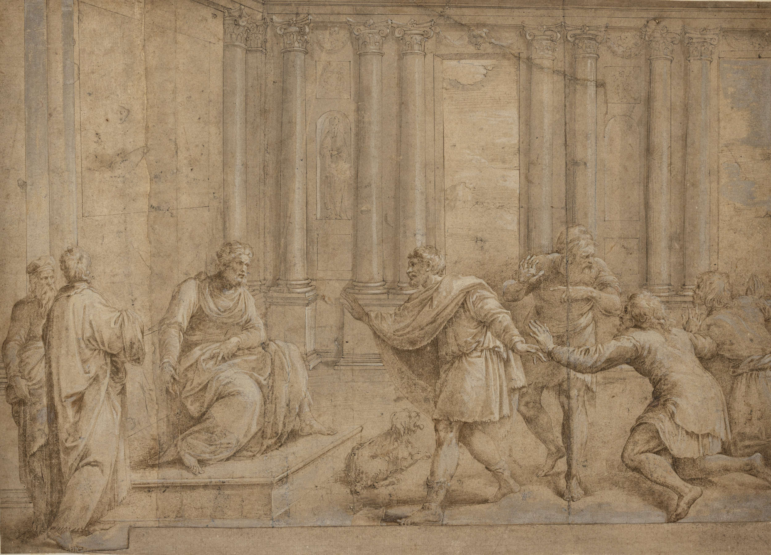 Battista Franco known as Semolei, Classical Scene (pen, watercolor and white chalk, 324 x 479 mm)