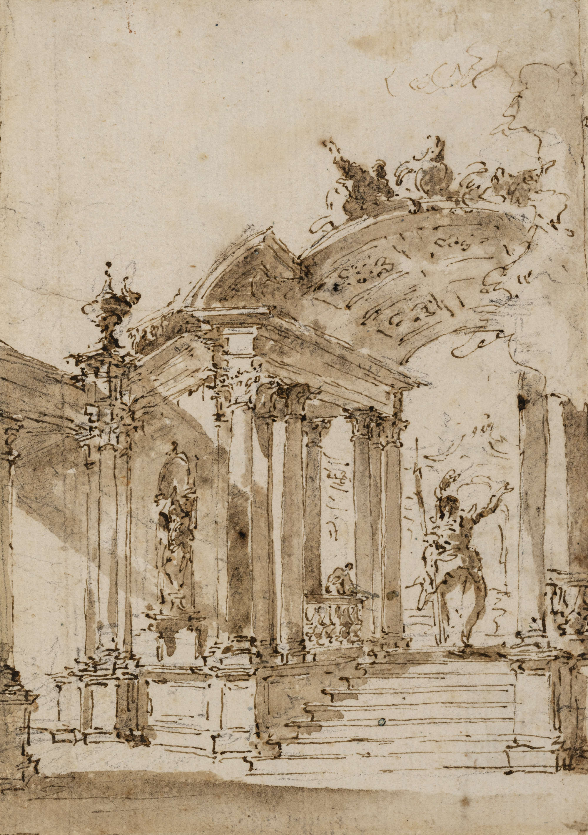 Francesco Guardi, Capriccio architettonico (pen, watercolor and traces of charcoal, 188 x 133 mm)