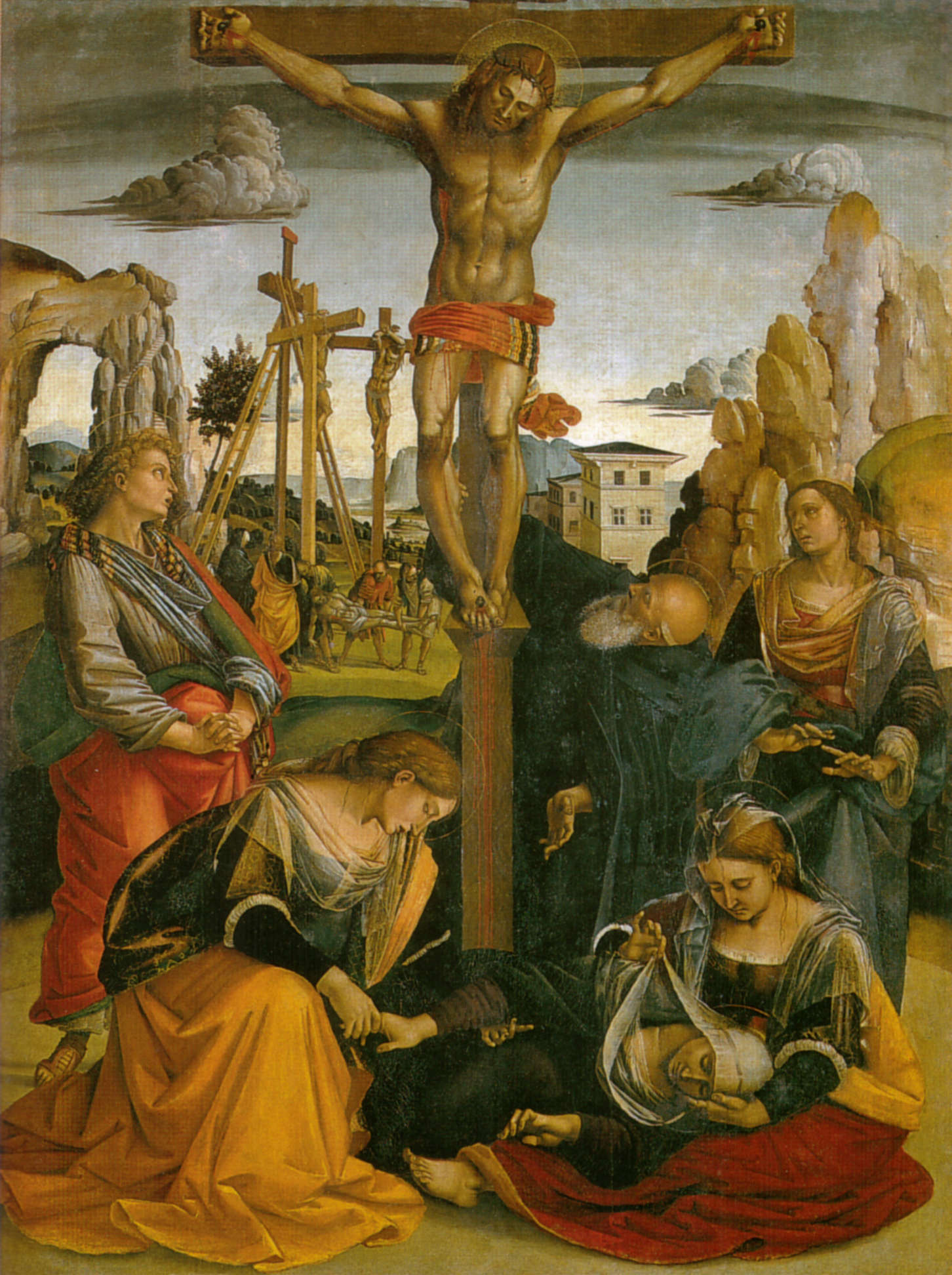 Luca Signorelli, Stendardo della Crocifissione, recto (c. 1502-1505; temple sobre lienzo, 212 x 157 cm; Sansepolcro, iglesia de Sant'Antonio Abate)
