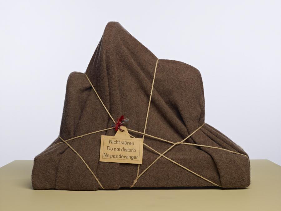 Man Ray, Enigma by Isidore Ducasse (1920 [1971]; wood, fabric, rope, cardboard, metal on paper, and invisible object; Rotterdam, Museum Boijmans van Beunigen)