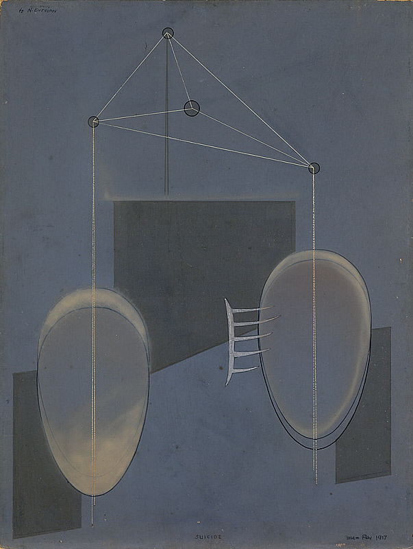 Man Ray, Suicide (1917; gouache, pencil, black ink, white ink, and varnish on cardboard, 61.1 x 48.1 cm; Houston, The Menil Collection) Man Ray, Suicide (1917; gouache, pencil, black ink, white ink, and varnish on cardboard, 61.1 x 48.1 cm; Houston, The Menil Collection)