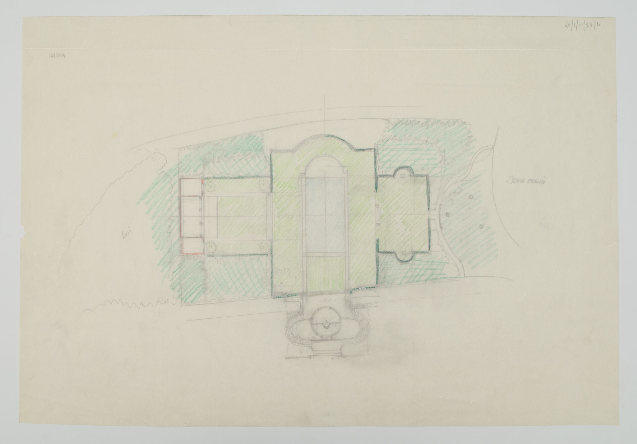 Russell Page, Design for the Garden of Villa Silvio Pellico (c. 1957; pencil and colored pencil on paper, 445 x 650 mm; London, RHS Lindley Library)