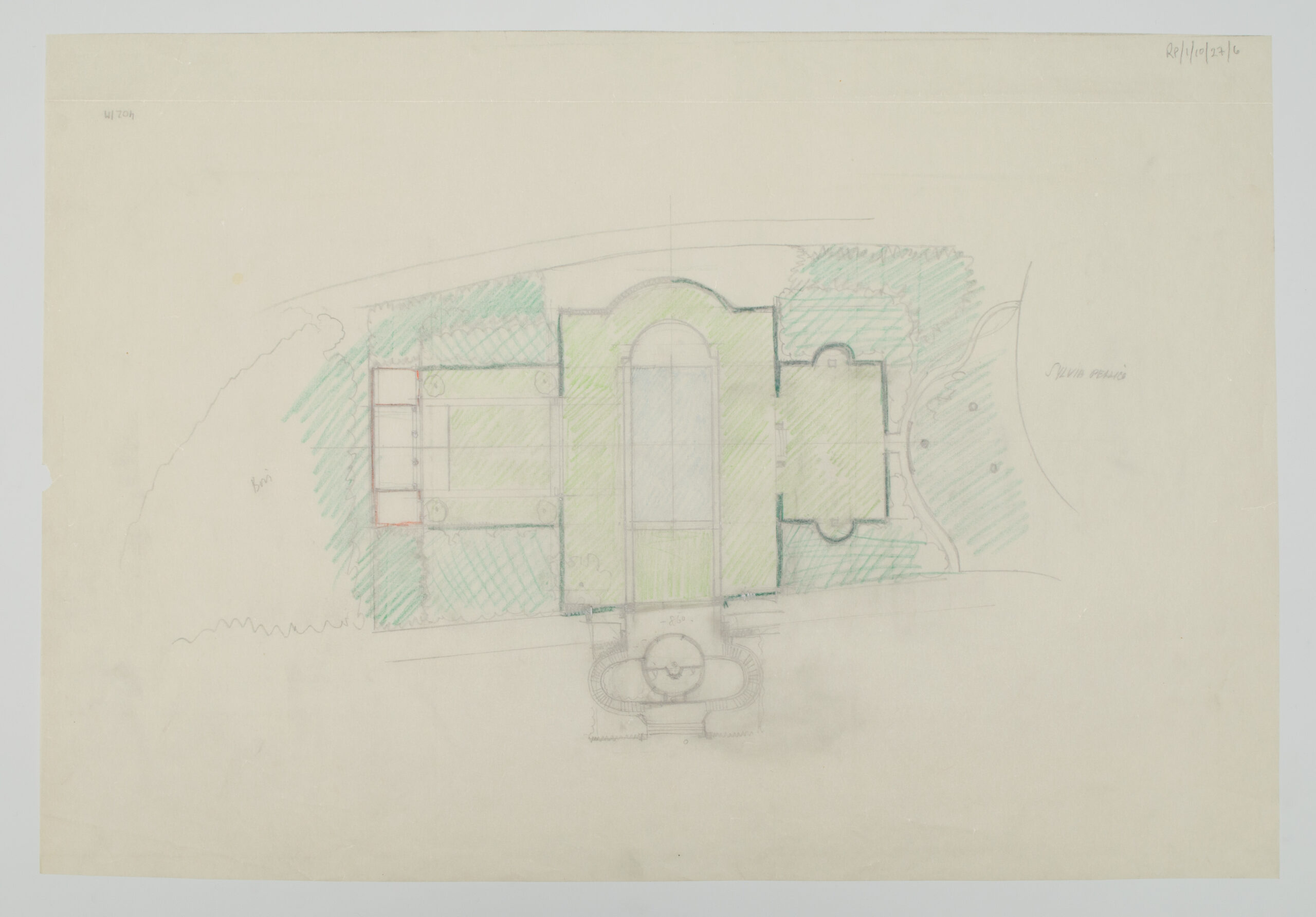 Russell Page, Projet pour le jardin de la Villa Silvio Pellico (c. 1957 ; crayon et crayon de couleur sur papier, 445 x 650 mm ; Londres, RHS Lindley Library)