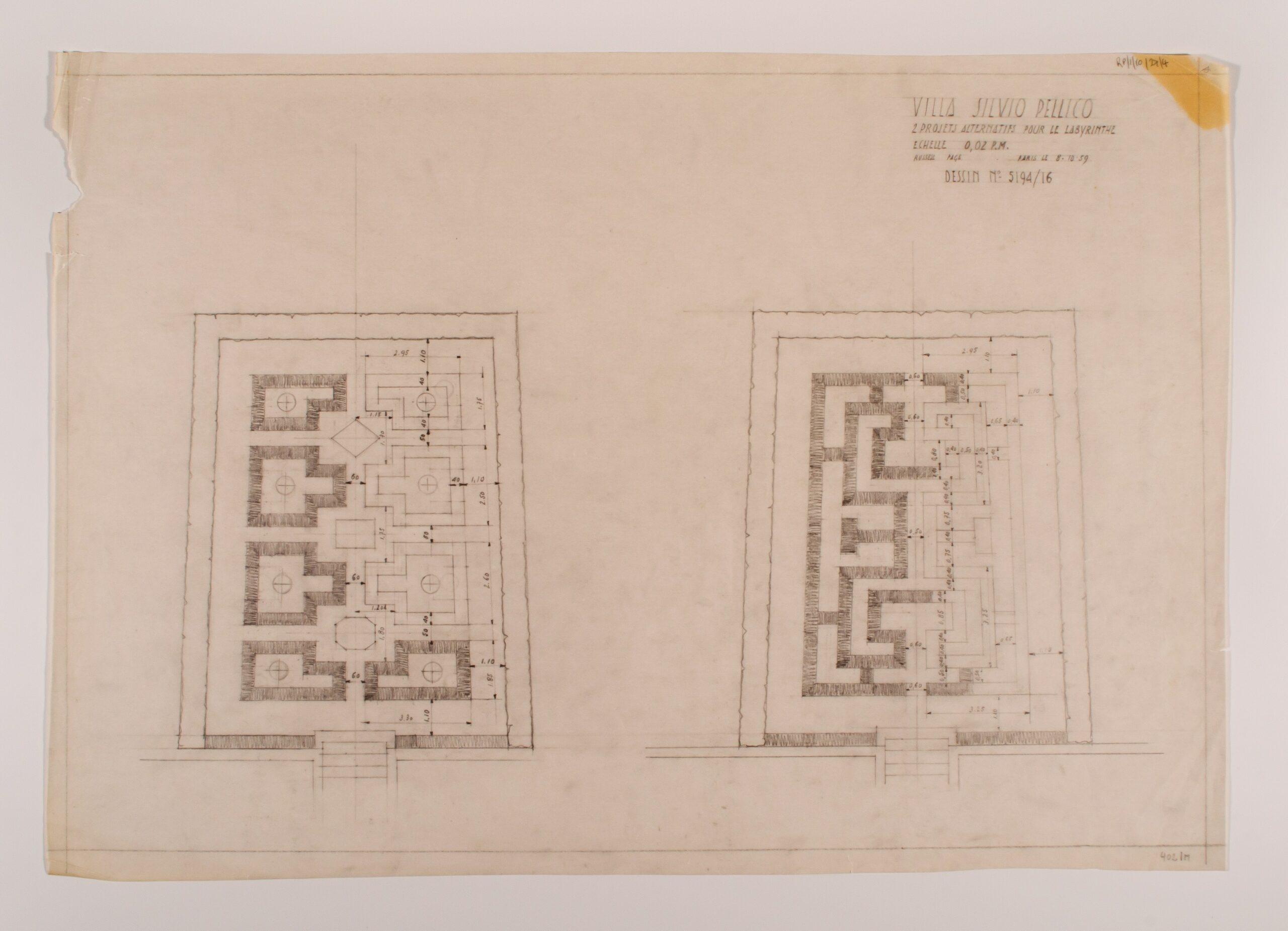 Russell Page, Project for the Labyrinth of Villa Silvio Pellico (October 8, 1959; pencil and colored pencil on paper, 500 x 735 mm; London, RHS Lindley Library)