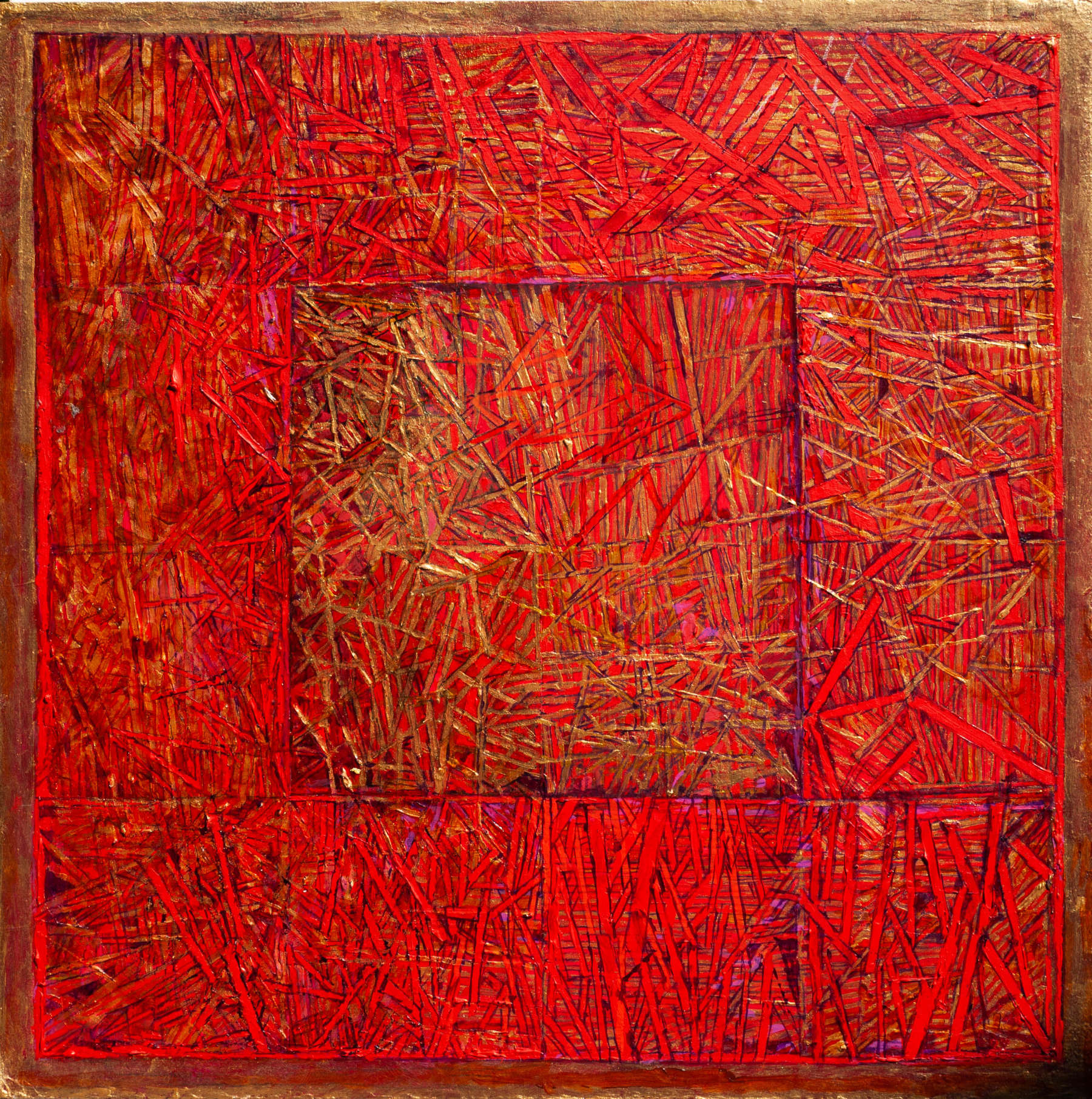 Giulio Candussio, Rosso smagliante (2020; tempera grassa e foglia d'oro, 40 x 40 cm)