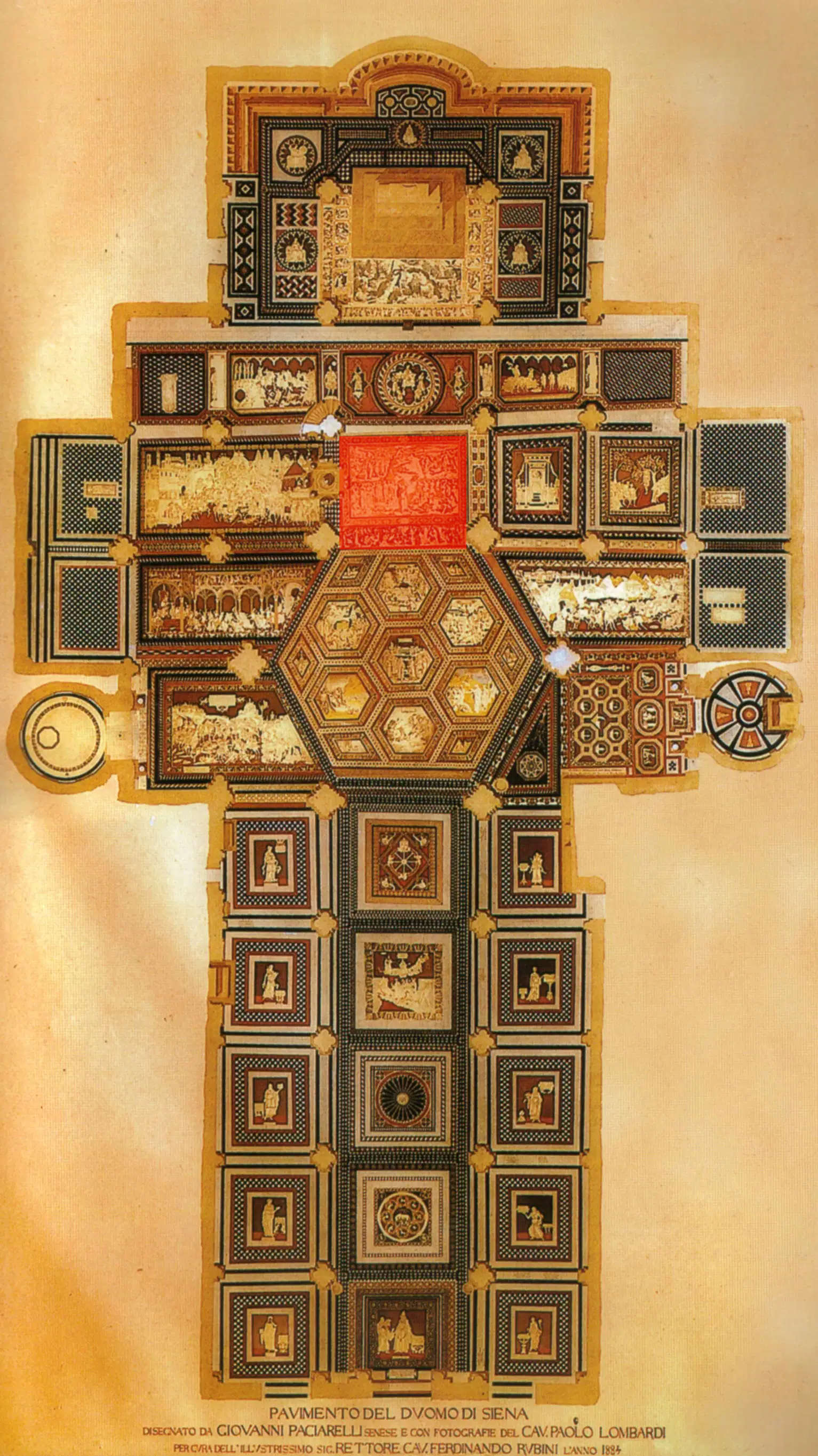 In Rot der Standort von Beccafumis Werk im Fußboden des Doms von Siena