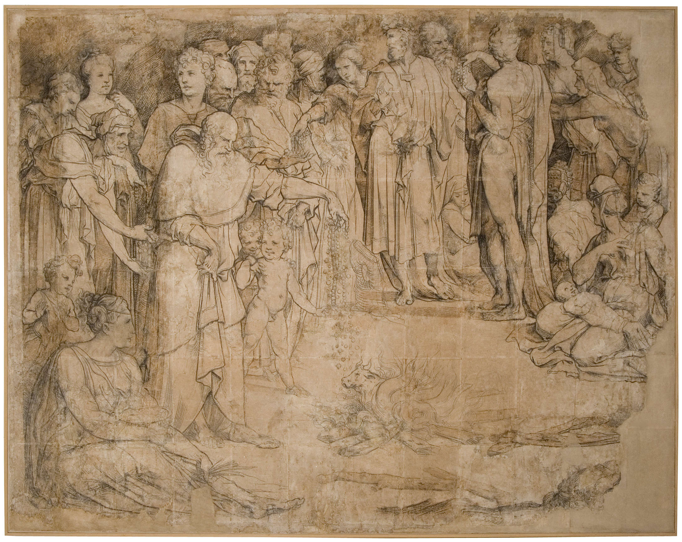 Domenico di Pace, genannt Beccafumi, Aaron macht das goldene Kalb (1529-1531; Zeichnung für den Marmorboden des Doms von Siena, aus der Sammlung Spannocchi, 1834; Kohle und aquarellierte Tusche; Pinacoteca Nazionale von Siena, Inv. 412)