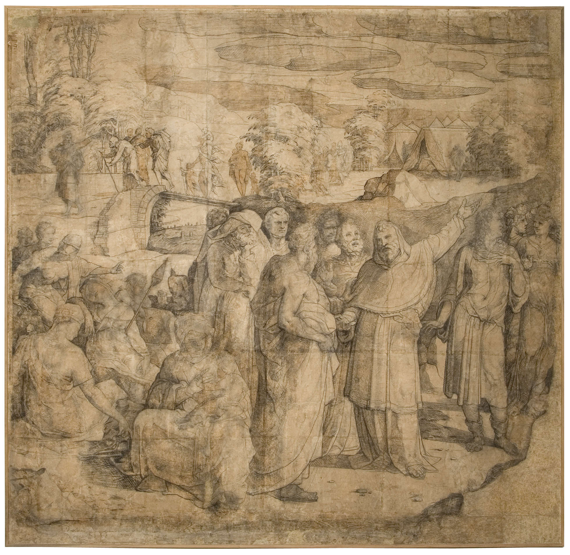 Domenico di Pace, genannt Beccafumi, Die Juden erwarten die Rückkehr des Moses aus dem Sinai (1529-1531; Entwurf für den Marmorboden des Doms von Siena, aus der Sammlung Spannocchi, 1834; Kohle und Aquarelltusche; Pinacoteca Nazionale von Siena, Inv. 416)