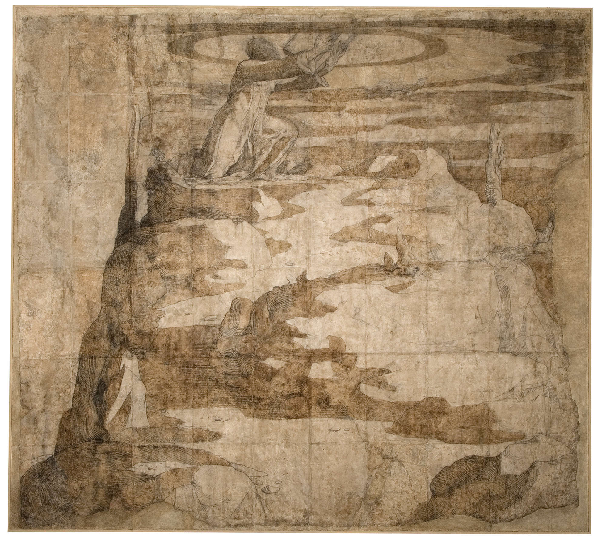 Domenico di Pace, genannt Beccafumi, Moses auf dem Sinai, der die Gesetzestafeln empfängt (1529-1531; Entwurf für den Marmorboden der Kathedrale von Siena, aus der Sammlung Spannocchi, 1834; Kohle und aquarellierte Tinte; Pinacoteca Nazionale von Siena, Inv. 411)