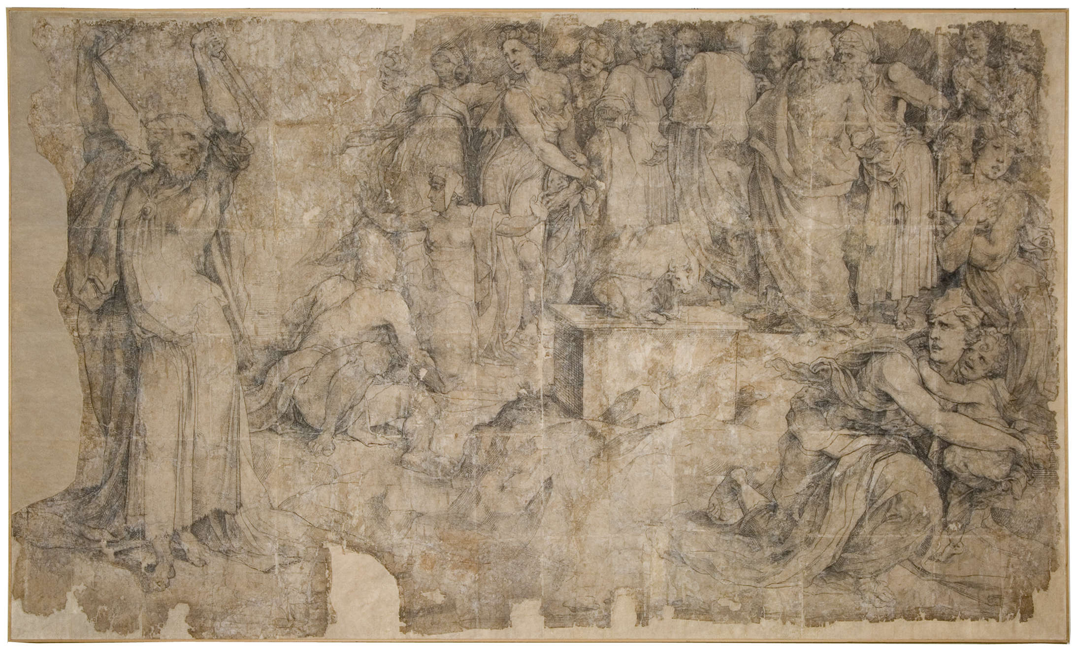 Domenico di Pace, genannt Beccafumi, Moses, der die Gesetzestafeln bricht (1529-1531; Zeichnung für den Marmorboden des Doms von Siena, aus der Sammlung Spannocchi, 1834; Kohle und Aquarelltusche; Pinacoteca Nazionale von Siena, Inv. 430)