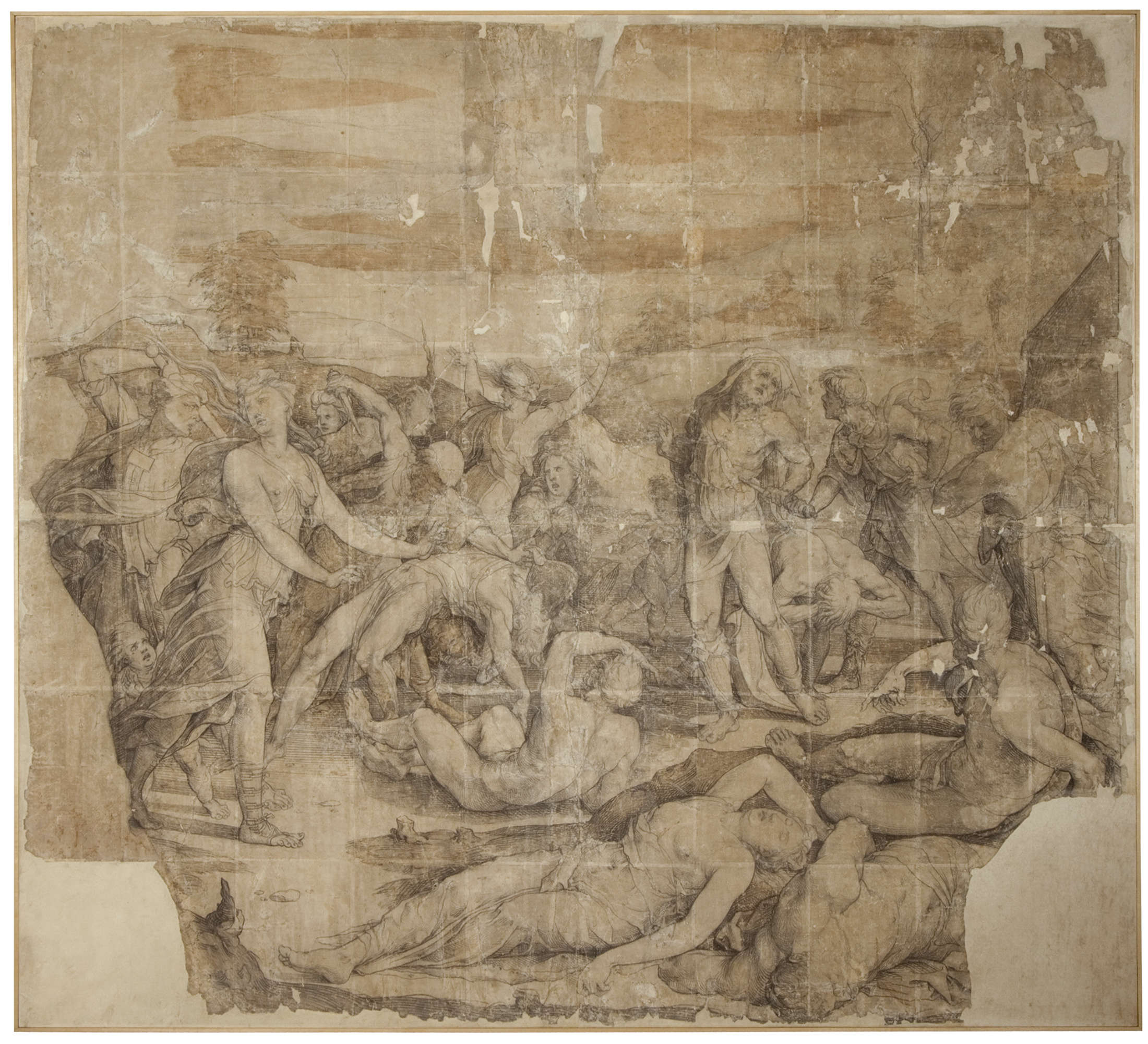 Domenico di Pace, genannt Beccafumi, Ermordung der Juden, die das goldene Kalb angebetet haben, durch die Leviten (1529-1531; Zeichnung für den Marmorboden der Kathedrale von Siena, aus der Sammlung Spannocchi, 1834; Kohle und aquarellierte Tusche; Pinacoteca Nazionale von Siena, Inv. 415)