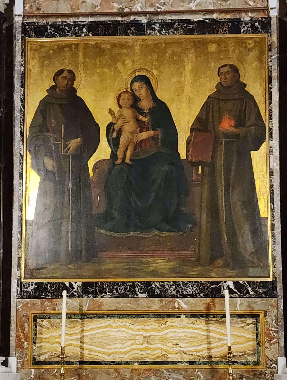 Antoniazzo Romano, Madonna Enthroned with Child between Saints Francis of Assisi and Anthony of Padua (mid-15th century)