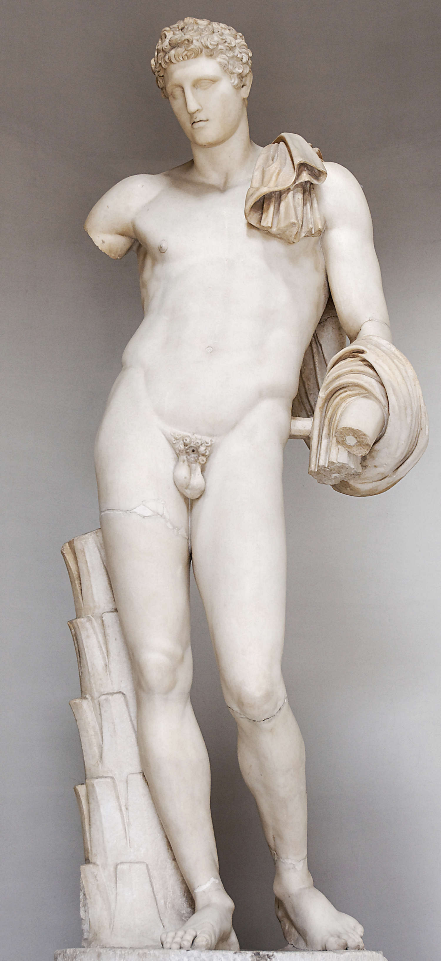 Roman art (copy from original by the school of Praxiteles), Pio-Clementine Hermes (1st-2nd century AD; white marble, 195 cm; Vatican City, Vatican Museums, Pio-Clementine Museum)