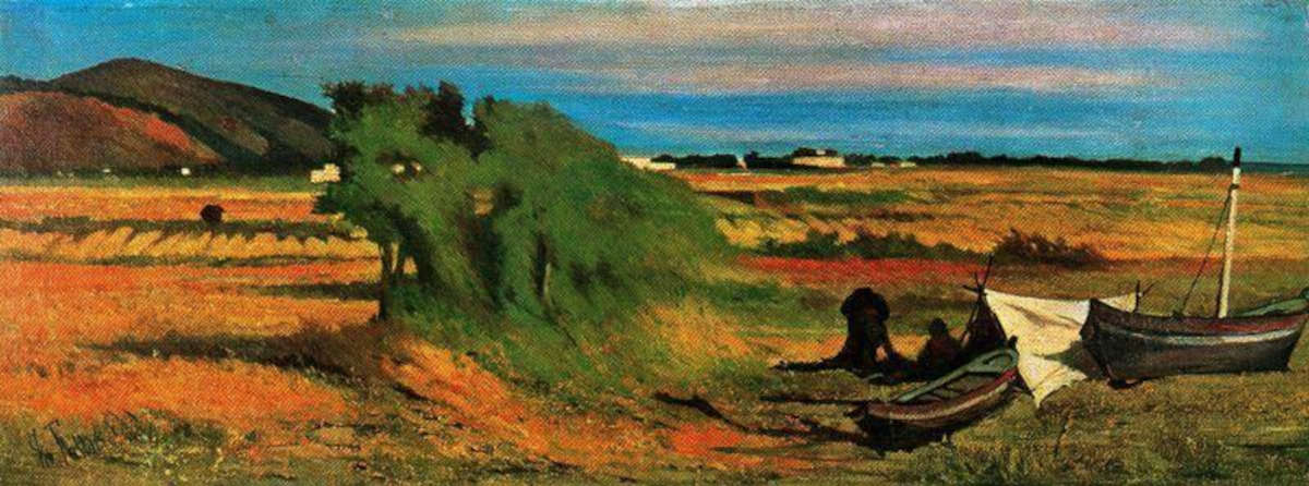 Giovanni Fattori, Rappezzatori di reti a Castiglioncello (1875; óleo sobre lienzo, 23,5 x 62 cm; colección particular)