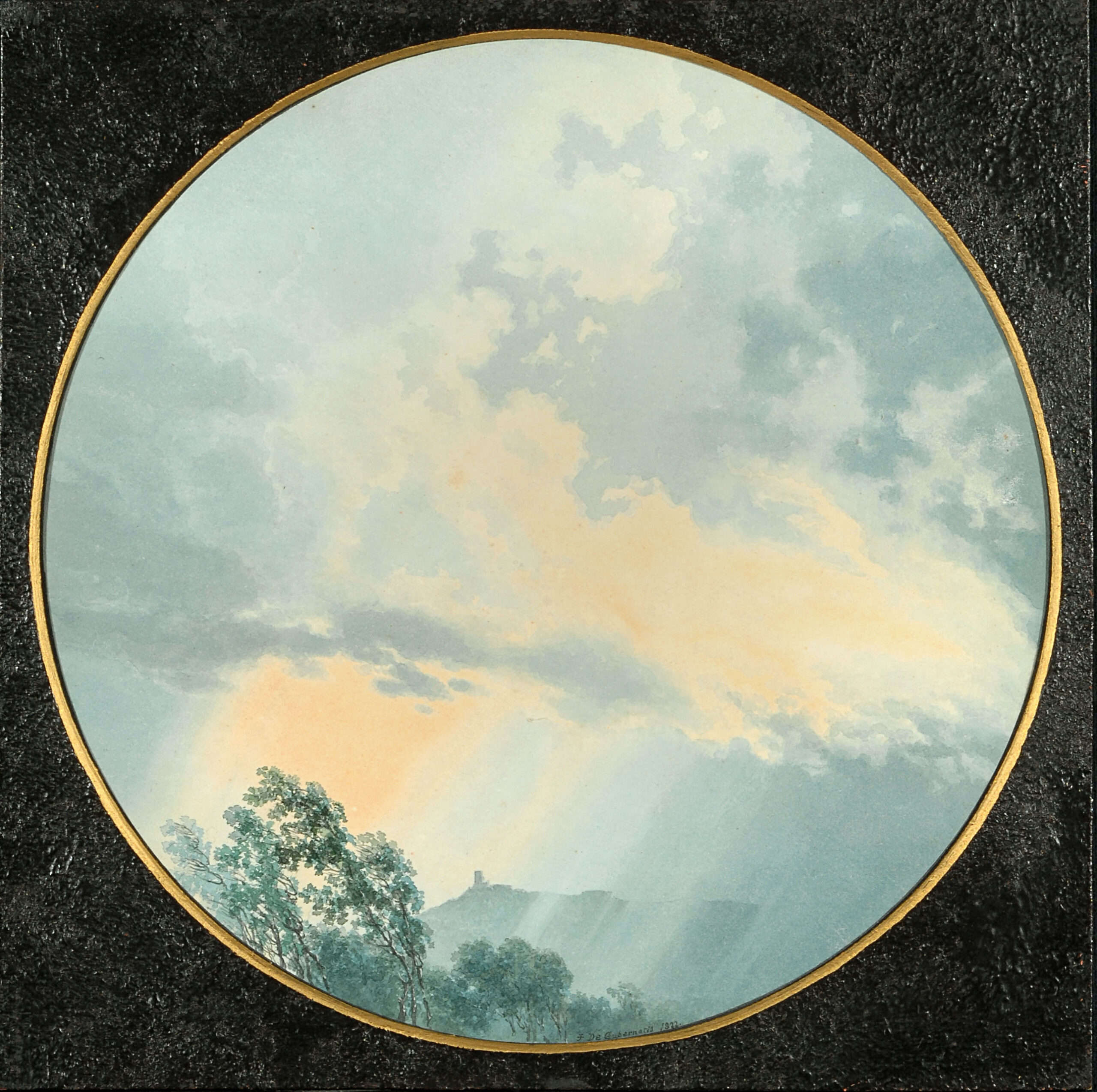 Giovanni Battista De Gubernatis, Tondo mit Himmel und Gewittereffekt zwischen bleiernen und rosa Wolken (1822; Aquarell auf Papier, Durchmesser 226 mm; Turin, GAM, Inv. DG/509)