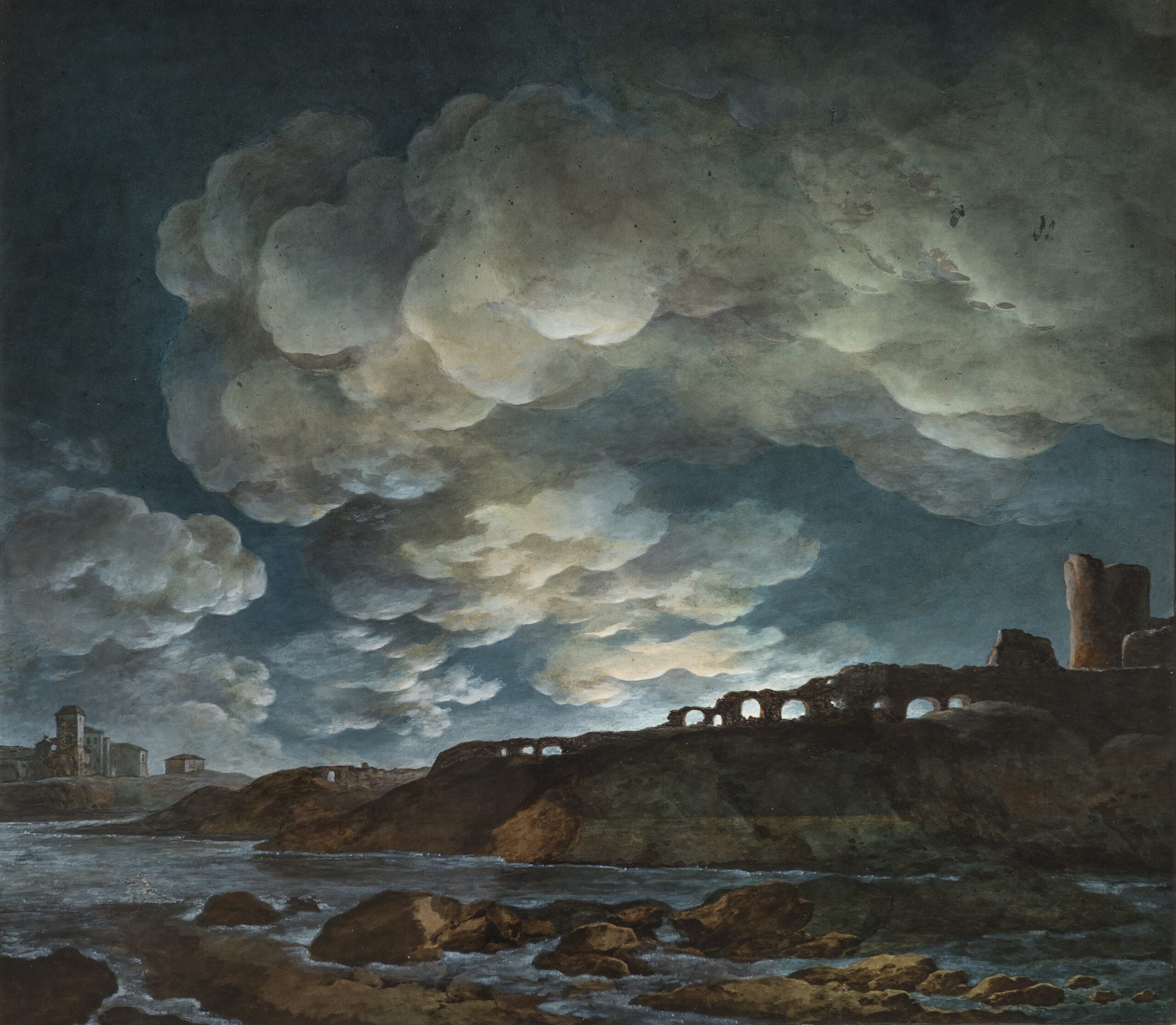 Giuseppe Pietro Bagetti, Plenilunio sul mare (erstes Viertel 19. Jahrhundert; Aquarell auf Papier, auf Karton geklebt, 64,3 x 73,5 cm; Turin, Pinacoteca Albertina)