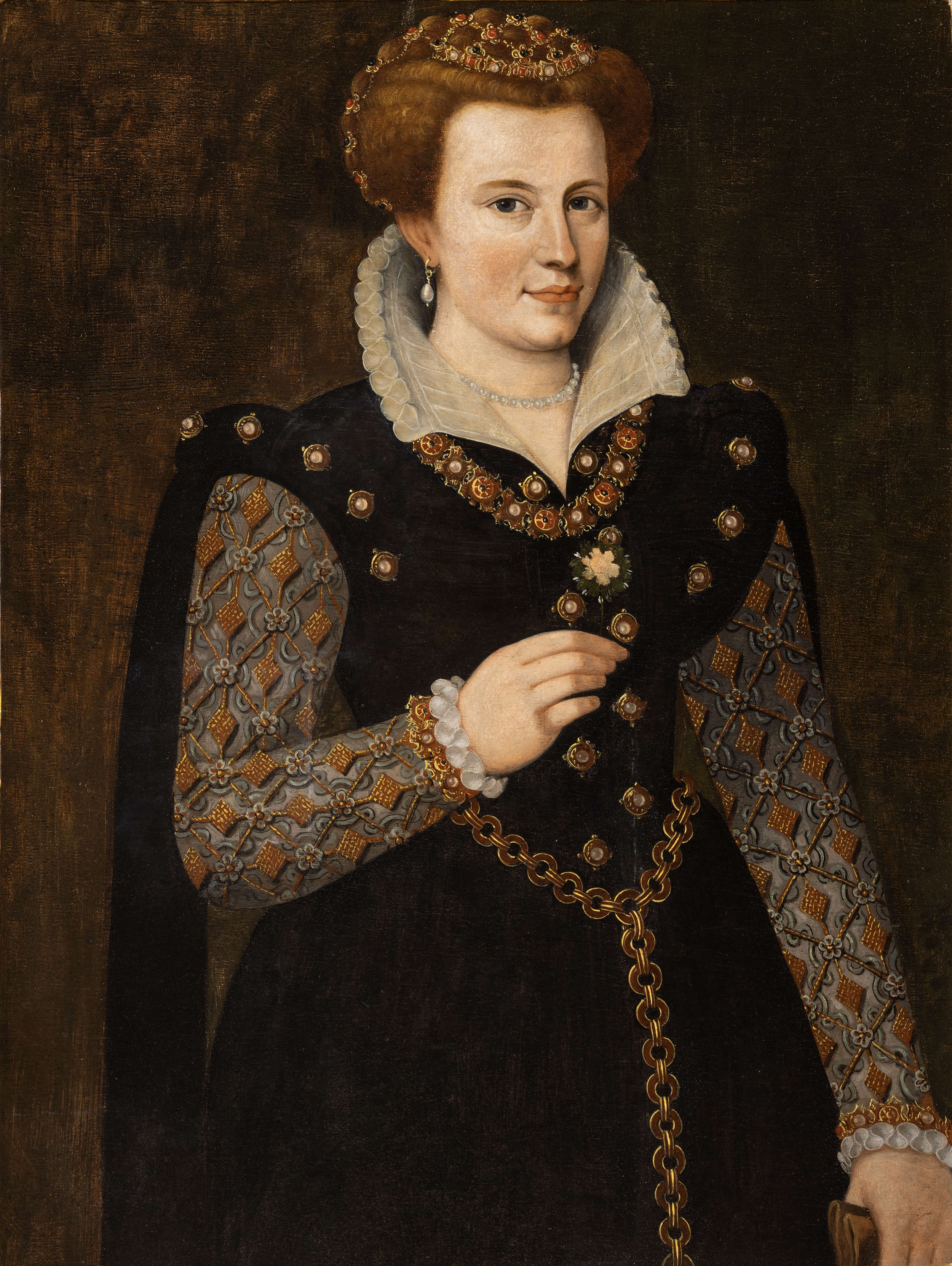 Porträt von Marfisa d'Este, gemalt von dem Ferrareser Maler Mario Capuzzo im Jahr 1938 anlässlich der ersten Restaurierung der Barbantini. Es handelt sich um einen figurativen Vergleich eines anderen Gemäldes aus einer hohen Epoche, aber das Ergebnis ist absolut überzeugend. Daher die Anwesenheit dieser 