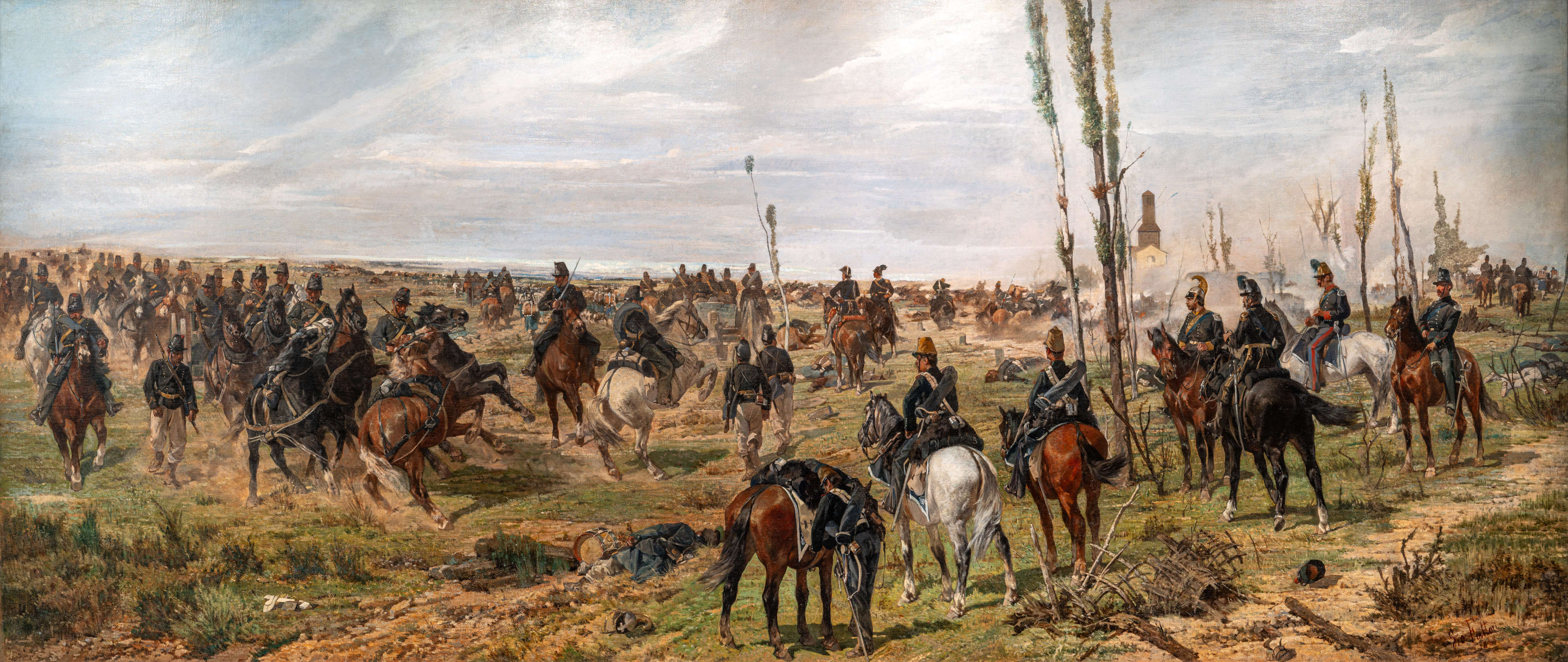 乔瓦尼-法托里，《攻击发现圣母》（1868 年；布面油画，176 x 411 厘米；里窝那，乔瓦尼-法托里市政博物馆，编号 1991/1026，M223)