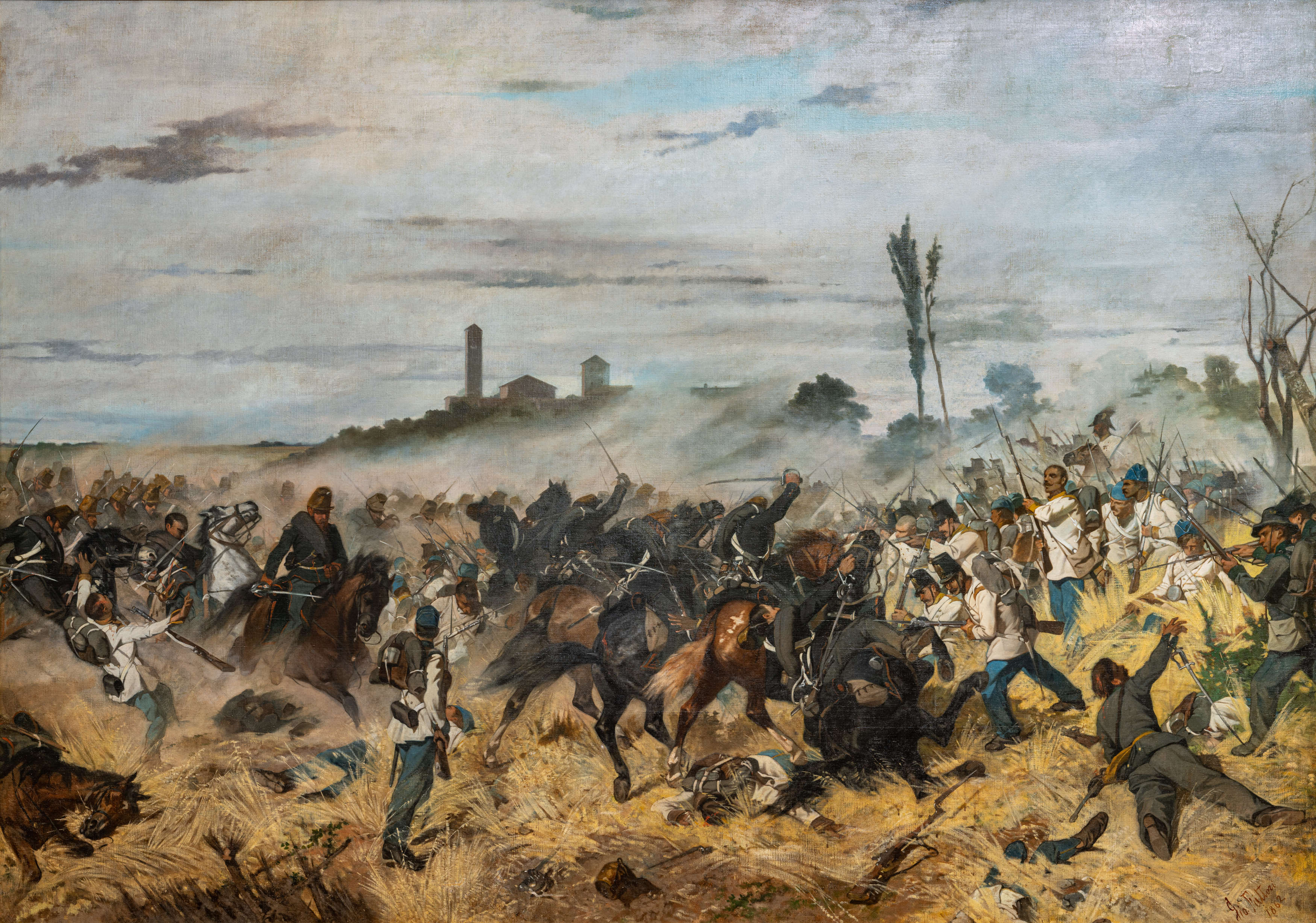 乔瓦尼-法托里，《蒙特贝罗的骑兵故事》（1862 年；布面油画，204 x 290 厘米；里窝那，乔瓦尼-法托里市政博物馆，1991/27，M62 卷）