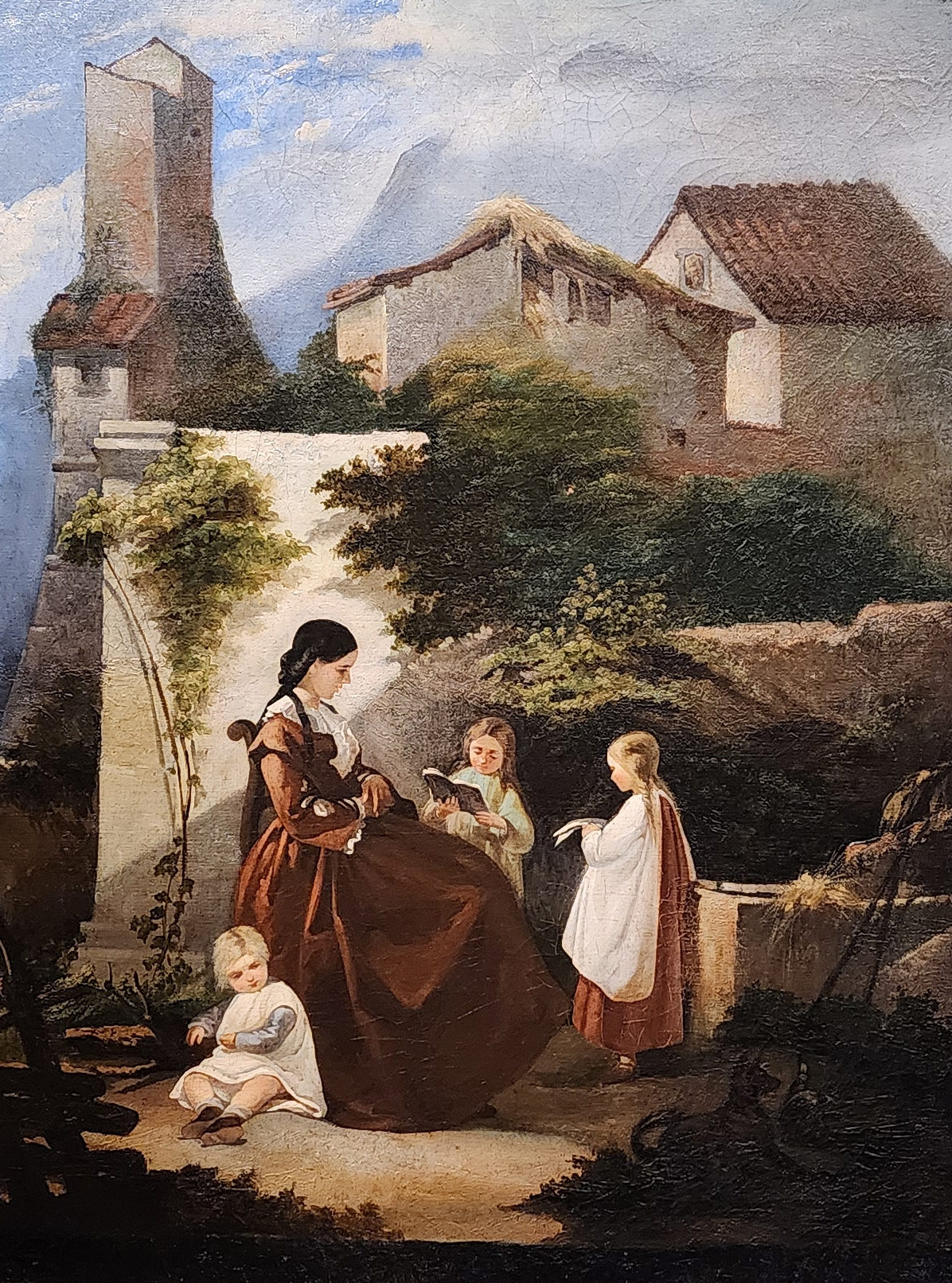 乔瓦尼-法托里，《花园里的阅读课》（约 1853 年，约 1860 年修补；布面油画，83 x 69 厘米；里窝那，800/900 艺术工作室，M6）